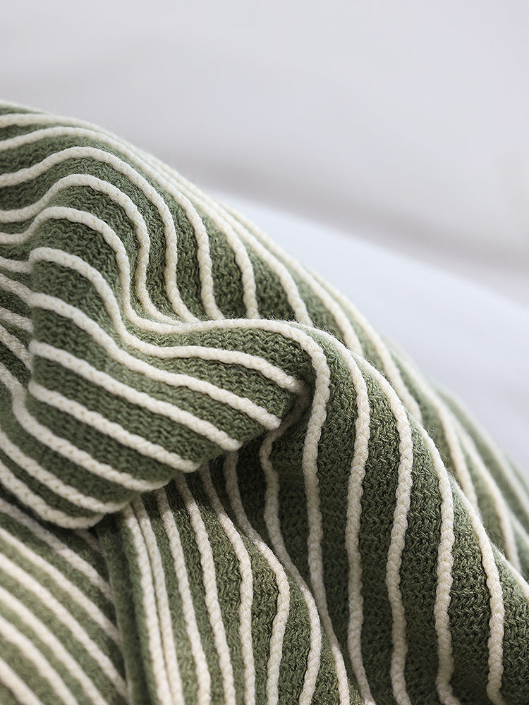 Green Cozy Knit Throw Blanket with Fringe - Stylish Striped Bed End Cover, 127x170CM