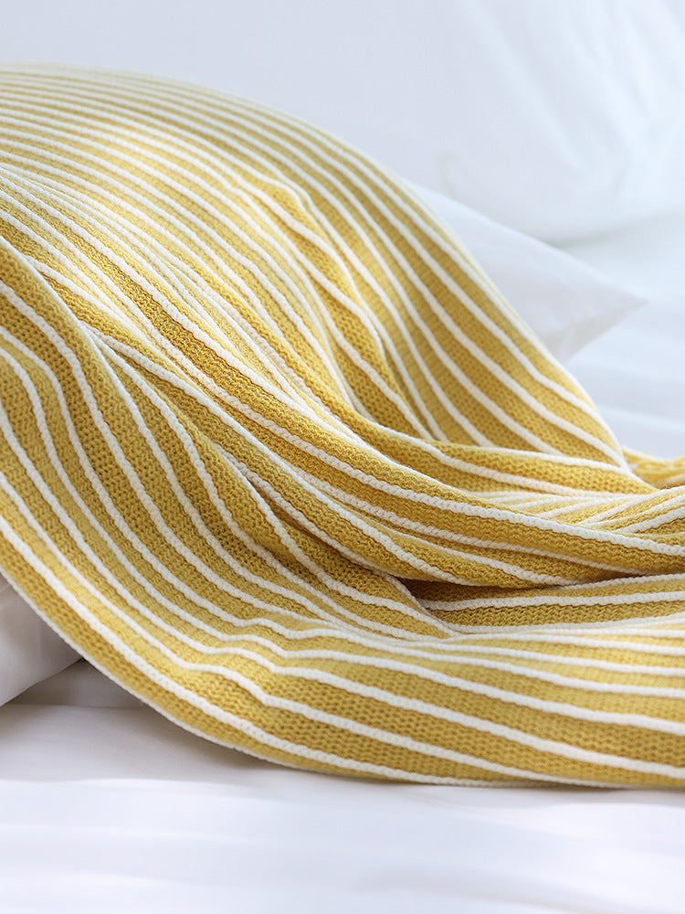 Yellow Cozy Knit Throw Blanket with Fringe - Stylish Striped Bed End Cover, 127x170CM