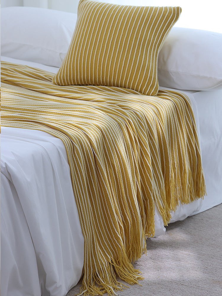 Yellow Cozy Knit Throw Blanket with Fringe - Stylish Striped Bed End Cover, 127x170CM