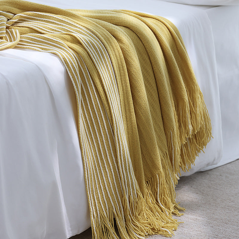 Yellow Cozy Knit Throw Blanket with Fringe - Stylish Striped Bed End Cover, 127x170CM