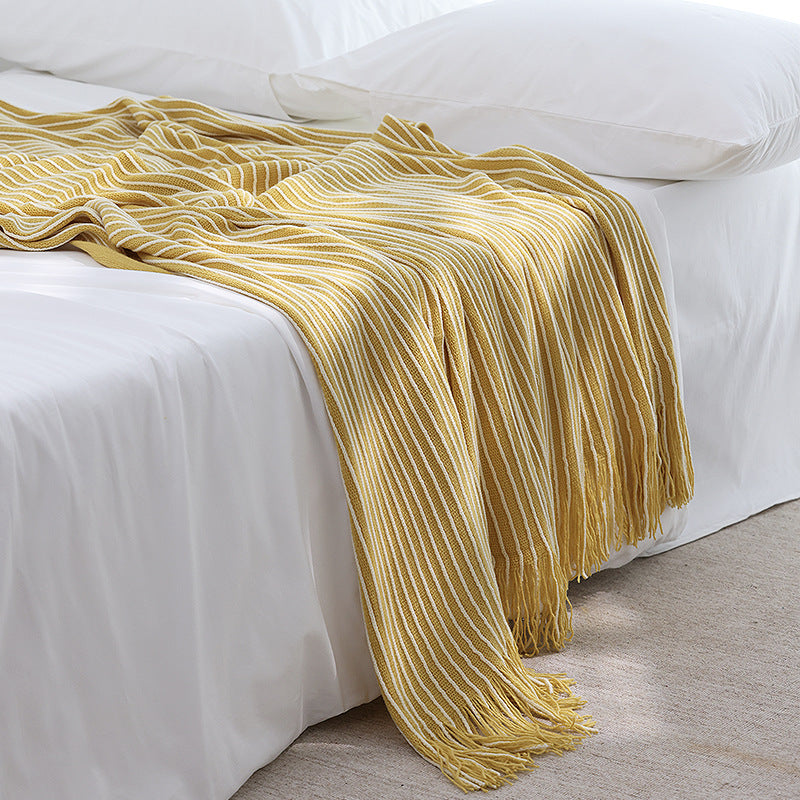 Yellow Cozy Knit Throw Blanket with Fringe - Stylish Striped Bed End Cover, 127x220CM