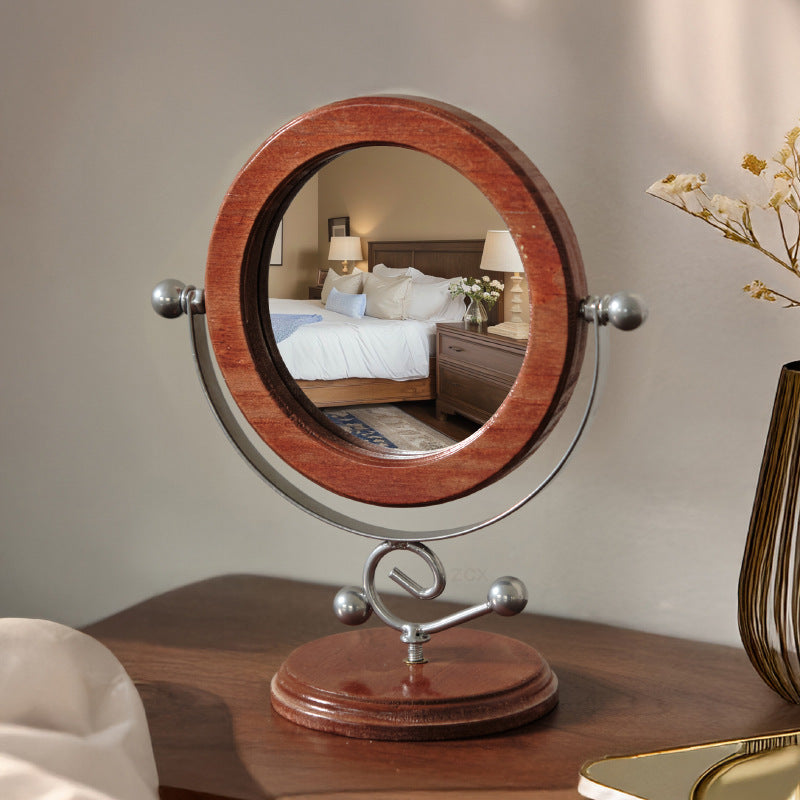 Silver and Brown Vintage Solid Wood Makeup Mirror - 360° Rotation Desktop Vanity Mirror