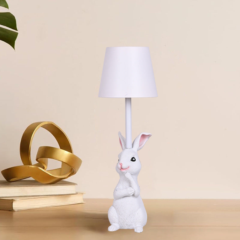 White Bunny White Lampshade Adorable Rabbit Resin Table Lamp - 3-Color LED, USB Rechargeable, Touch Dimming