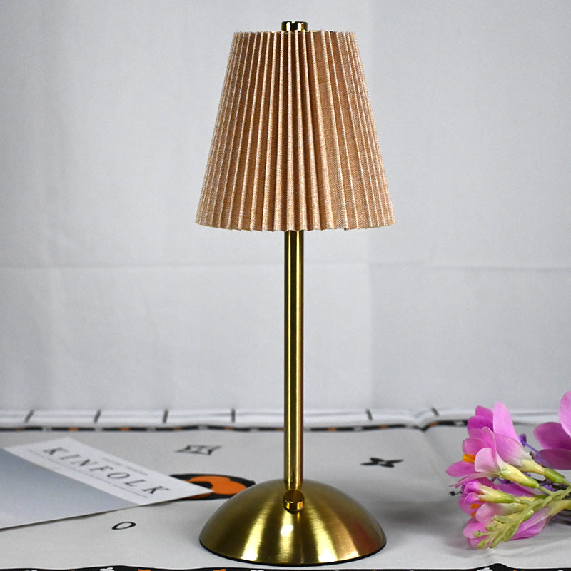 Khaki Elegant Pleated Fabric Table Lamp - 3-Color LED, USB Rechargeable, Touch Dimming