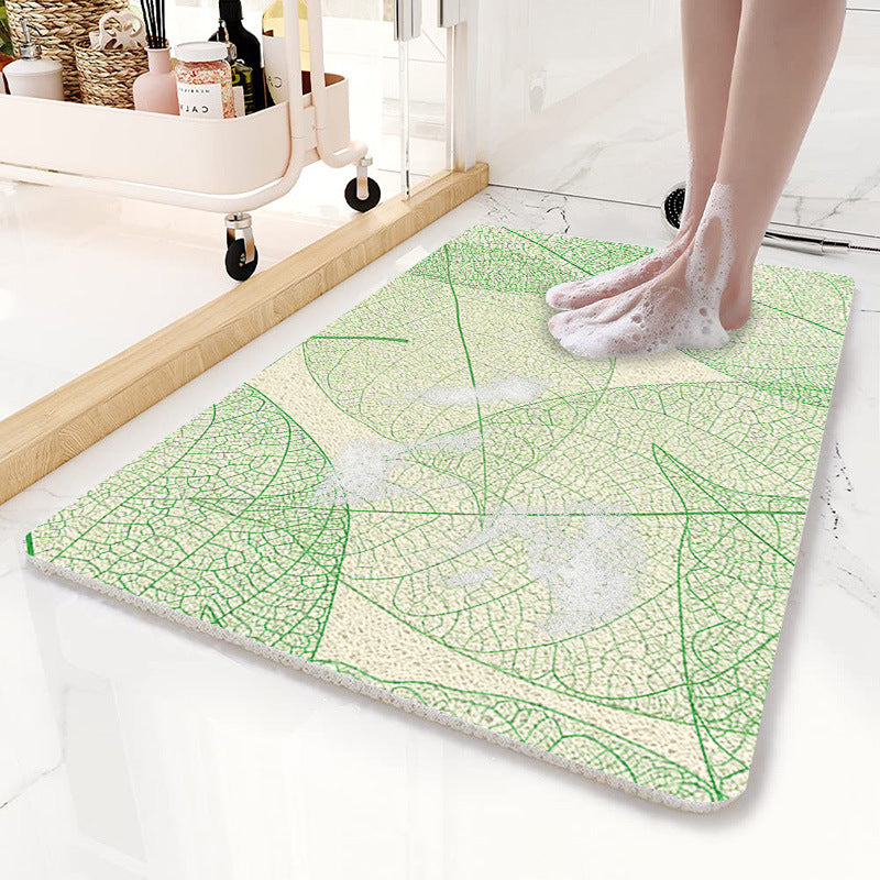 Green Leaves Pattern PVC Non-Slip Bath Mat 50x80cm - Shower Drain Hole Design, Soft & Quick-Dry Bathroom Rug