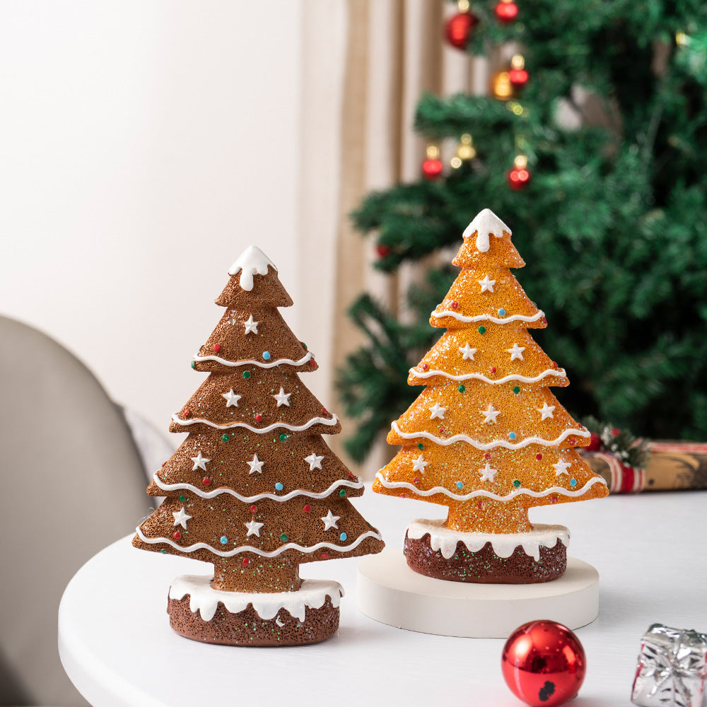 2 Pcs (1 Yellow + 1 Brown) Charming Gingerbread Christmas Tree Figurine - Festive Resin Holiday Table Decor Ornament