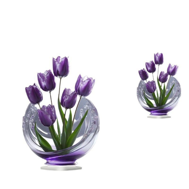 2 Pcs Charming Purple Tulip 2D Acrylic Ornament - Flat Floral Tabletop Art Decor Accent