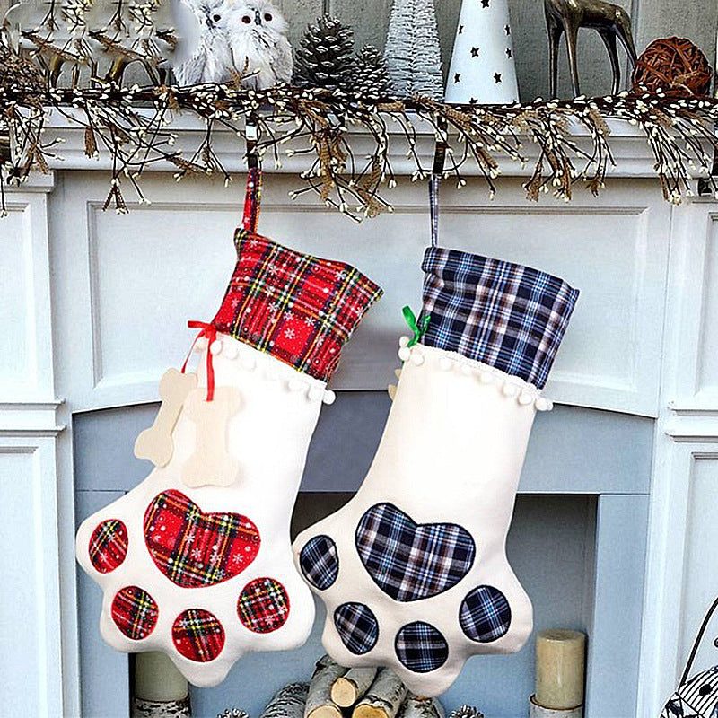 Blue Large Plaid Dog Paw Christmas Stocking - Festive Fireplace Decor for Pet Lovers