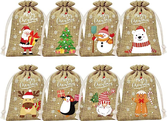 Brown Christmas Gift Drawstring Bags Set - Festive Burlap Style Pouches for Candy & Apples - Holiday Decoration - 10 Pcs