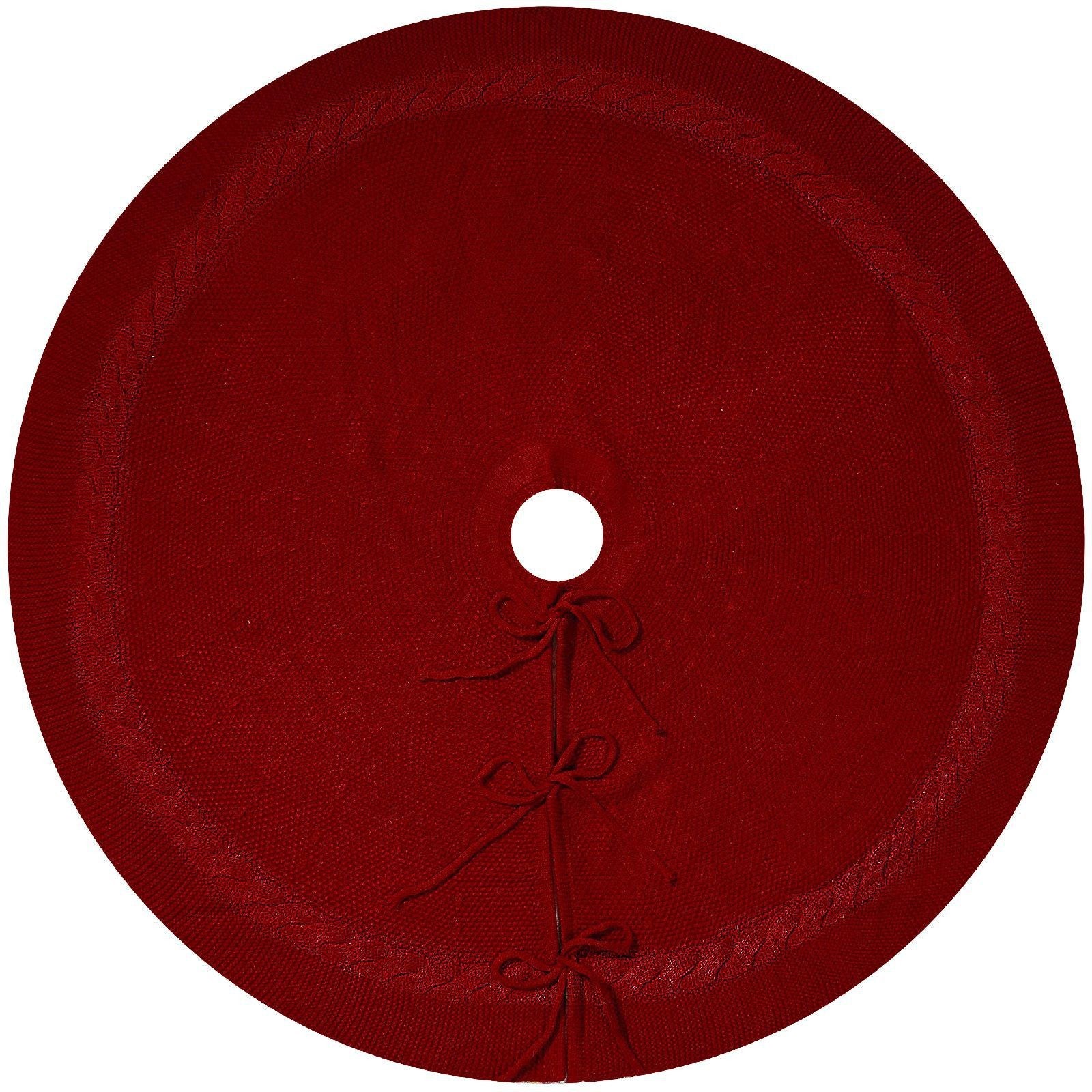 Red Luxury Knit Christmas Tree Skirt with Cable-Knit Border - Rustic Holiday Decor(122cm)