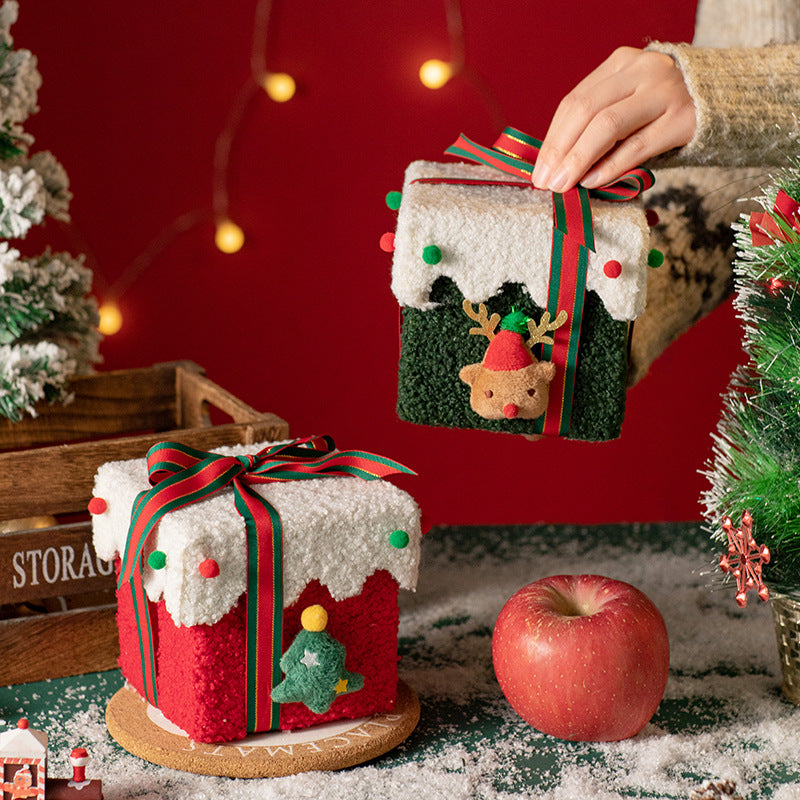 Red and Green Luxe Plush Christmas Gift Box - Decorative Holiday Treat Box with Snowy Trim
