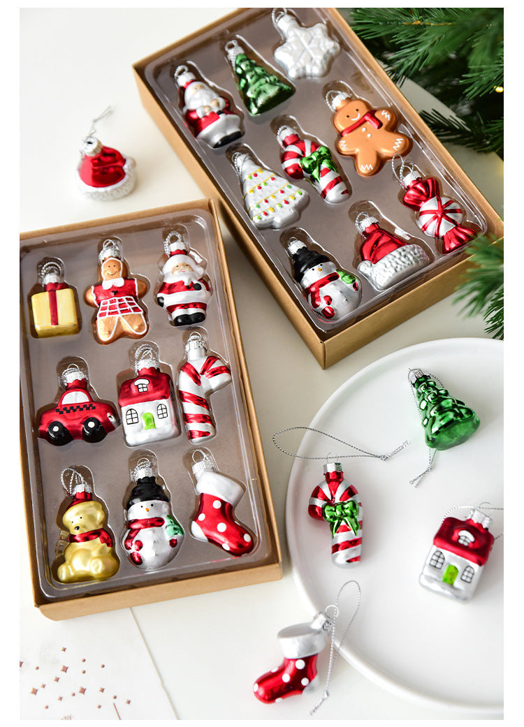 Style C Colorful Dainty Miniature Glass Christmas Ornament Set - 6pc Micro Holiday Characters