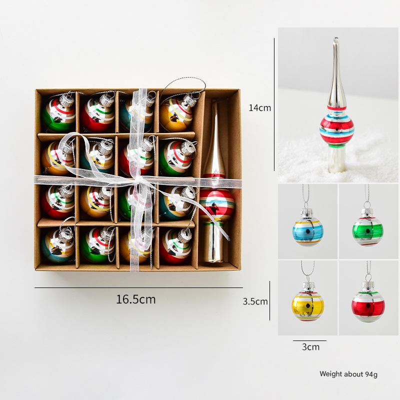 Colorful Retro Striped Glass Ornament Set with Mini Tree Topper - 17pc Vintage Holiday Collection