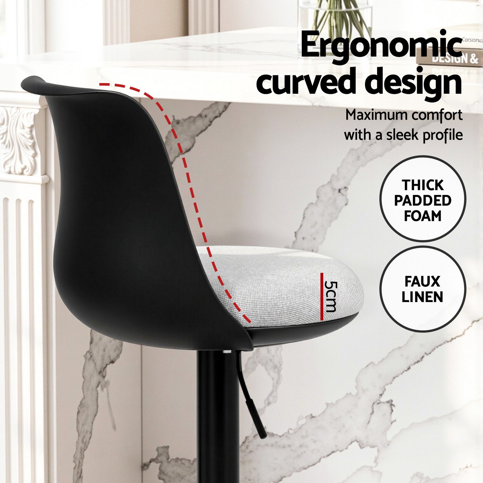 Artiss 2x Bar Stools Kitchen Swivel Gas Lift Counter Dining Chair Curved Black