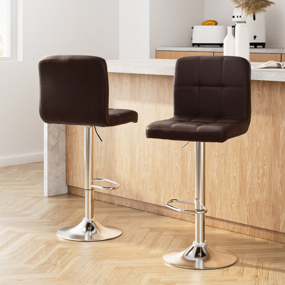 Artiss 2x Bar Stools Leather Gas Lift Brown