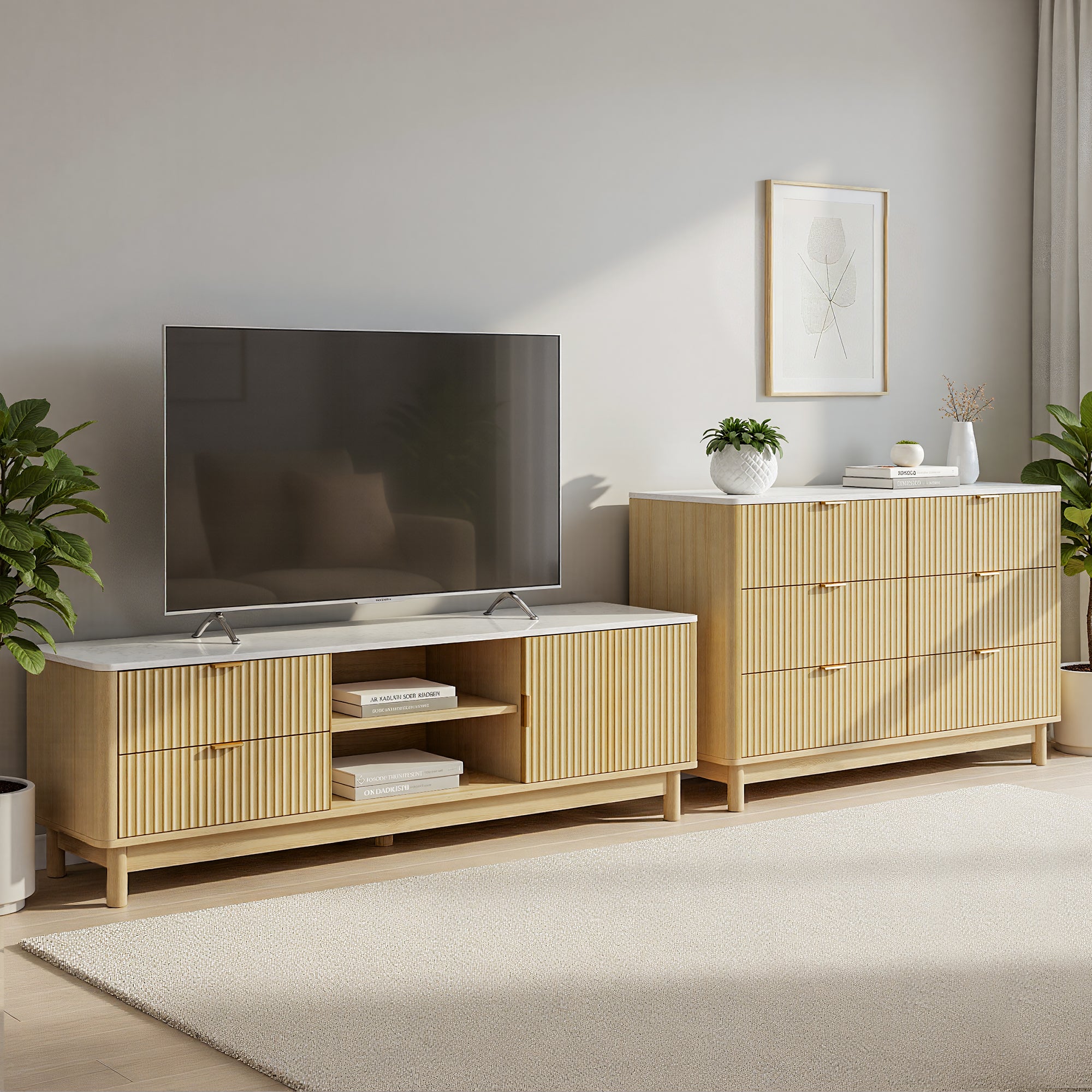 Artiss TV Unit & Chest of Drawers Set Solid Wood Legs Pine