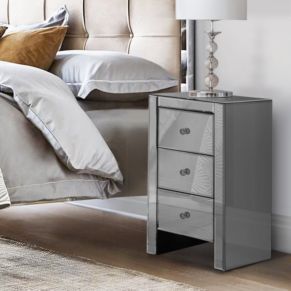 Artiss Bedside Table 3 Drawers Mirrored Glass - QUENN Grey