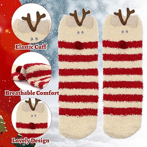 Christmas Socks - 6 Pairs Cozy Warm Fluffy Plush Bed Socks for Women, Girls - Cute Coral Fleece Xmas Indoor