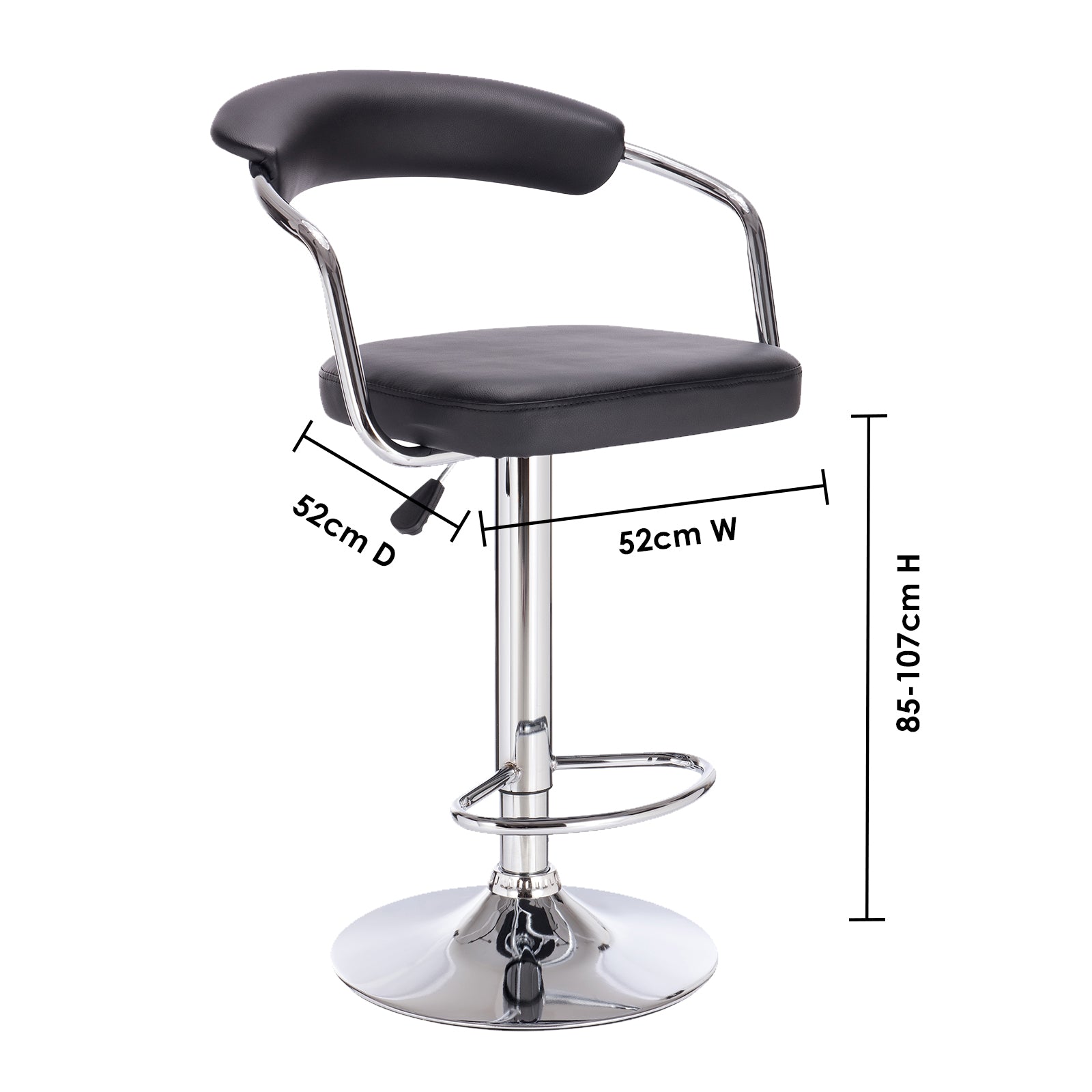 Milano Decor Lola Adjustable Barstool Black Swivel Stool Chrome PU Leather