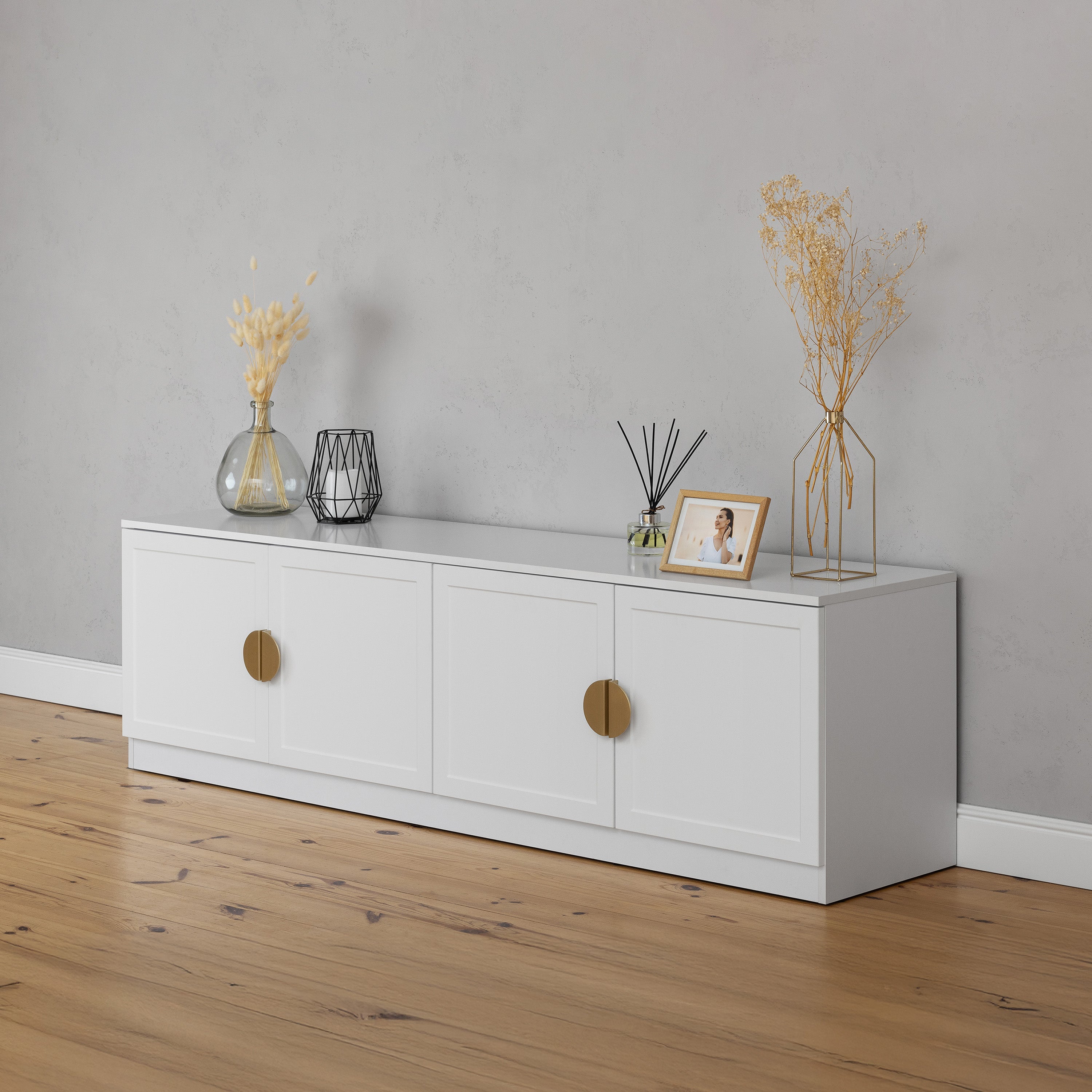 BUCHAREST TV UNIT- WHITE - HAMPTONS - HALF MOON BRASS