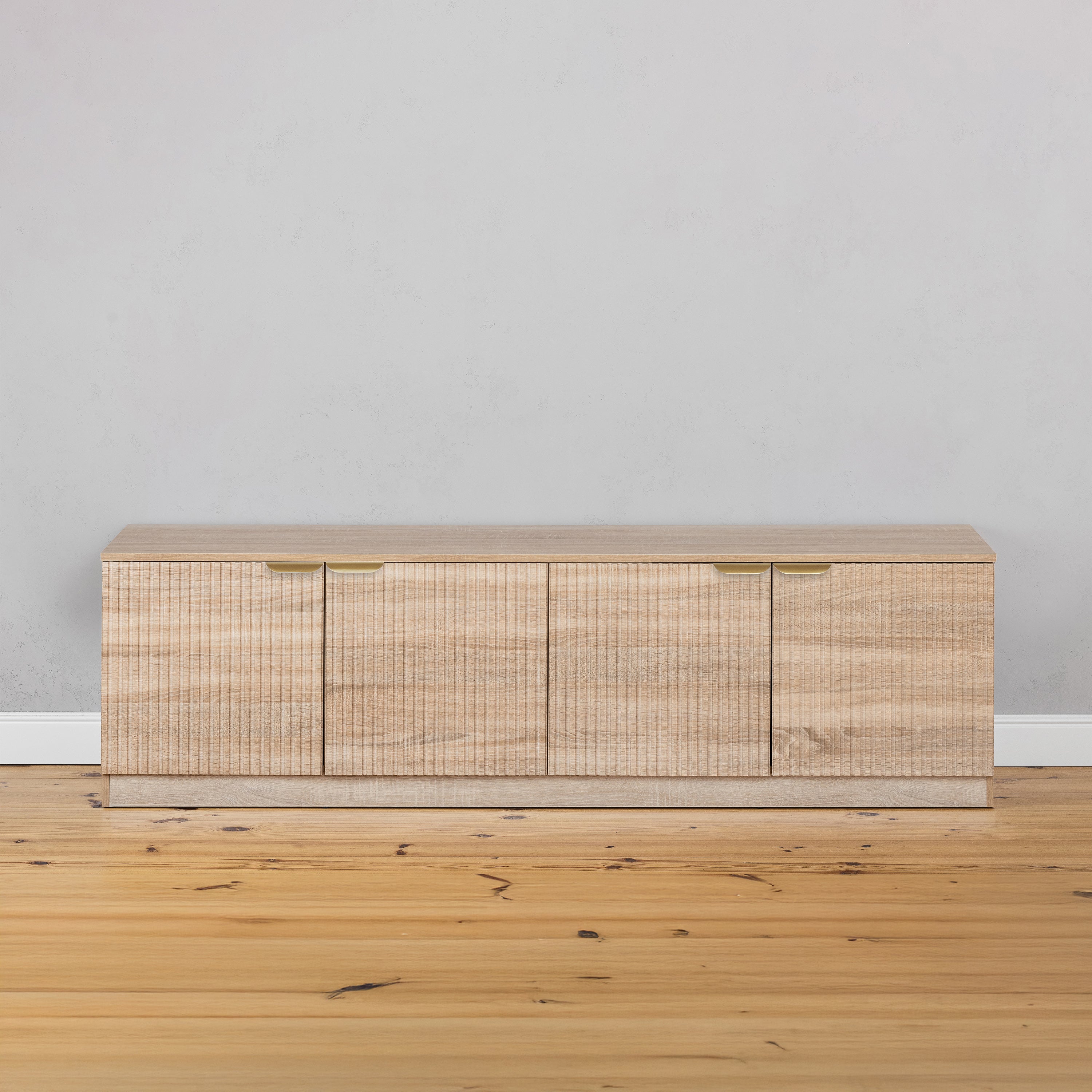 BUCHAREST TV UNIT- NATURAL OAK - FLUTED - PULL BRASS