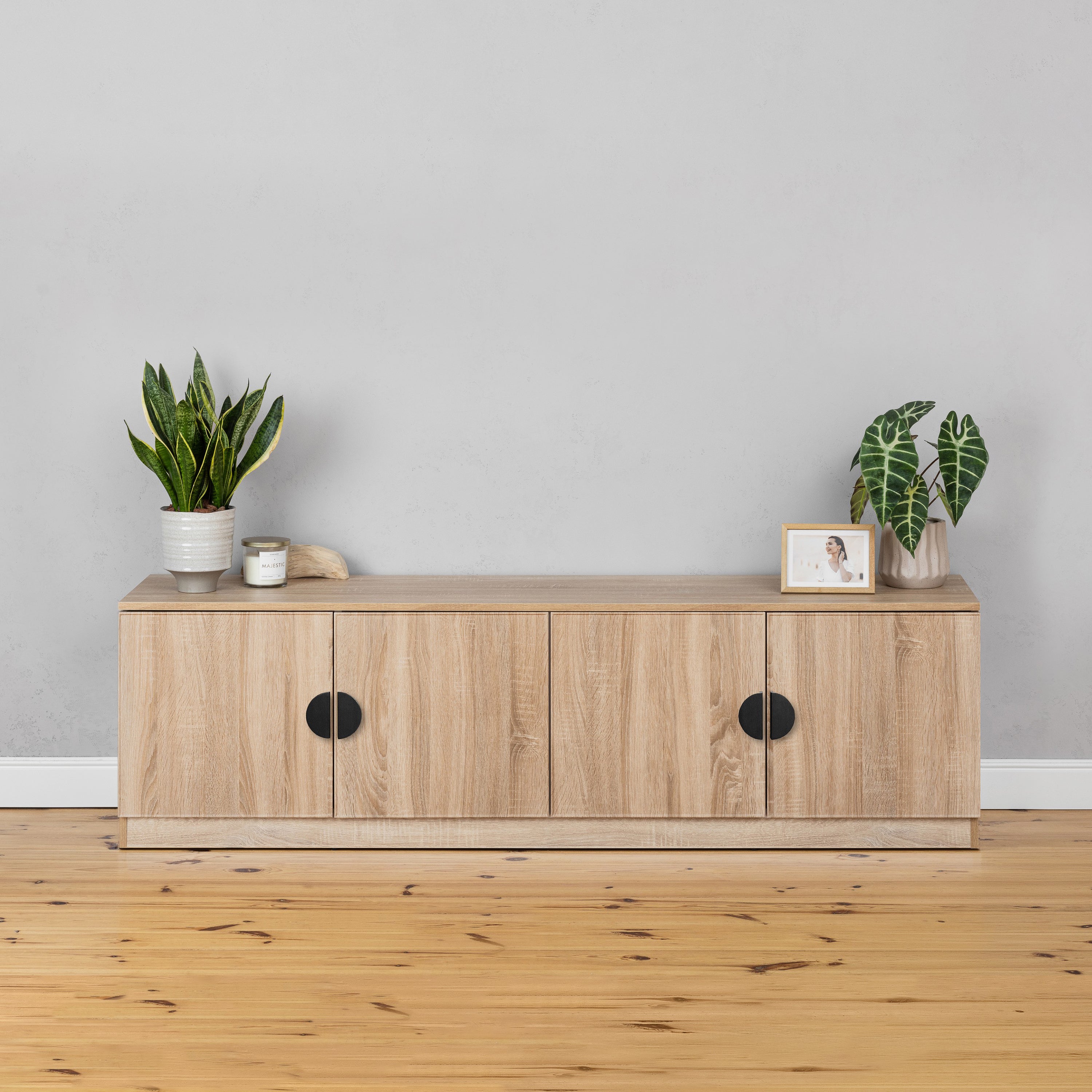 BUCHAREST TV UNIT- NATURAL OAK - SLIM - HALF MOON BLACK