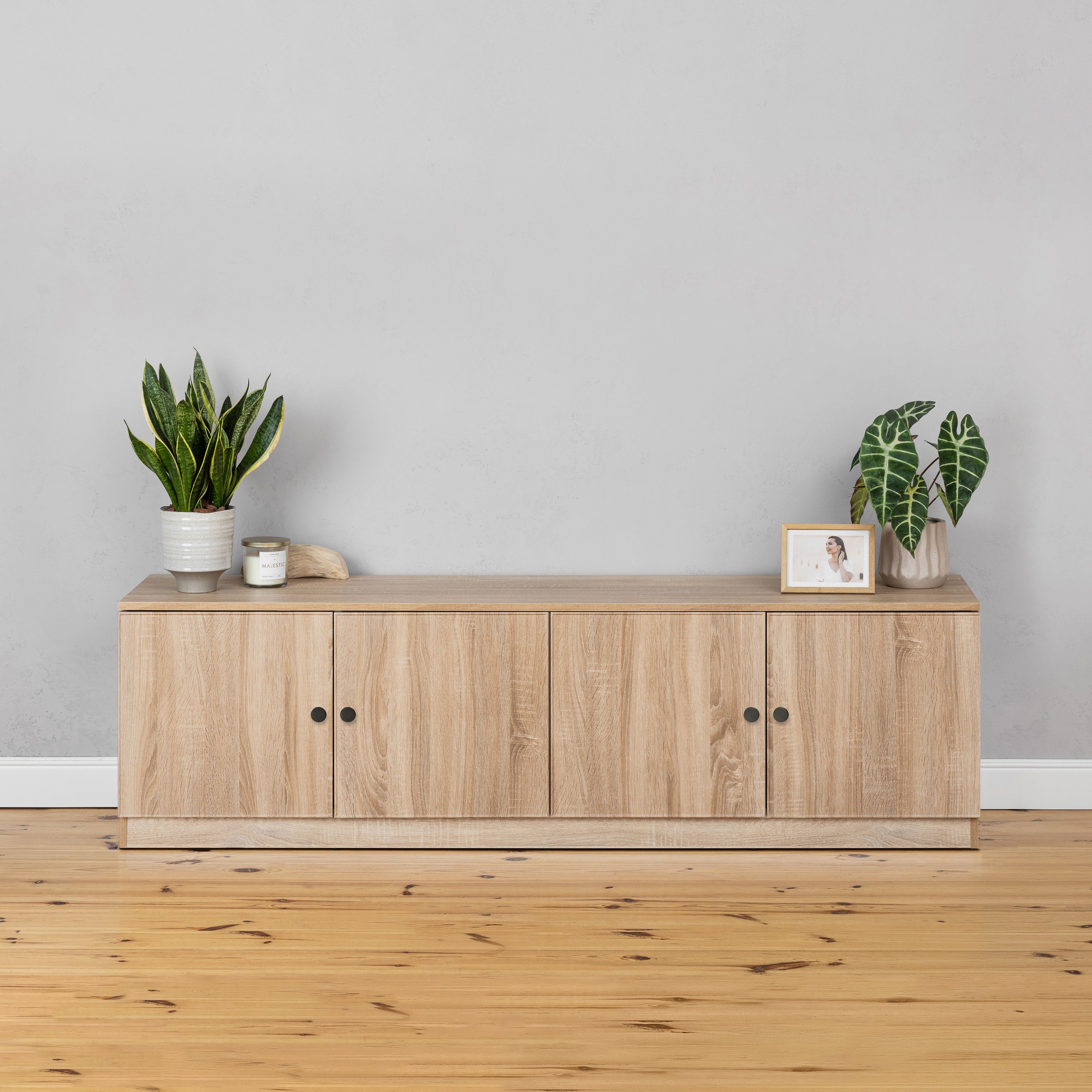 BUCHAREST TV UNIT- NATURAL OAK - SLIM - ROUND BLACK