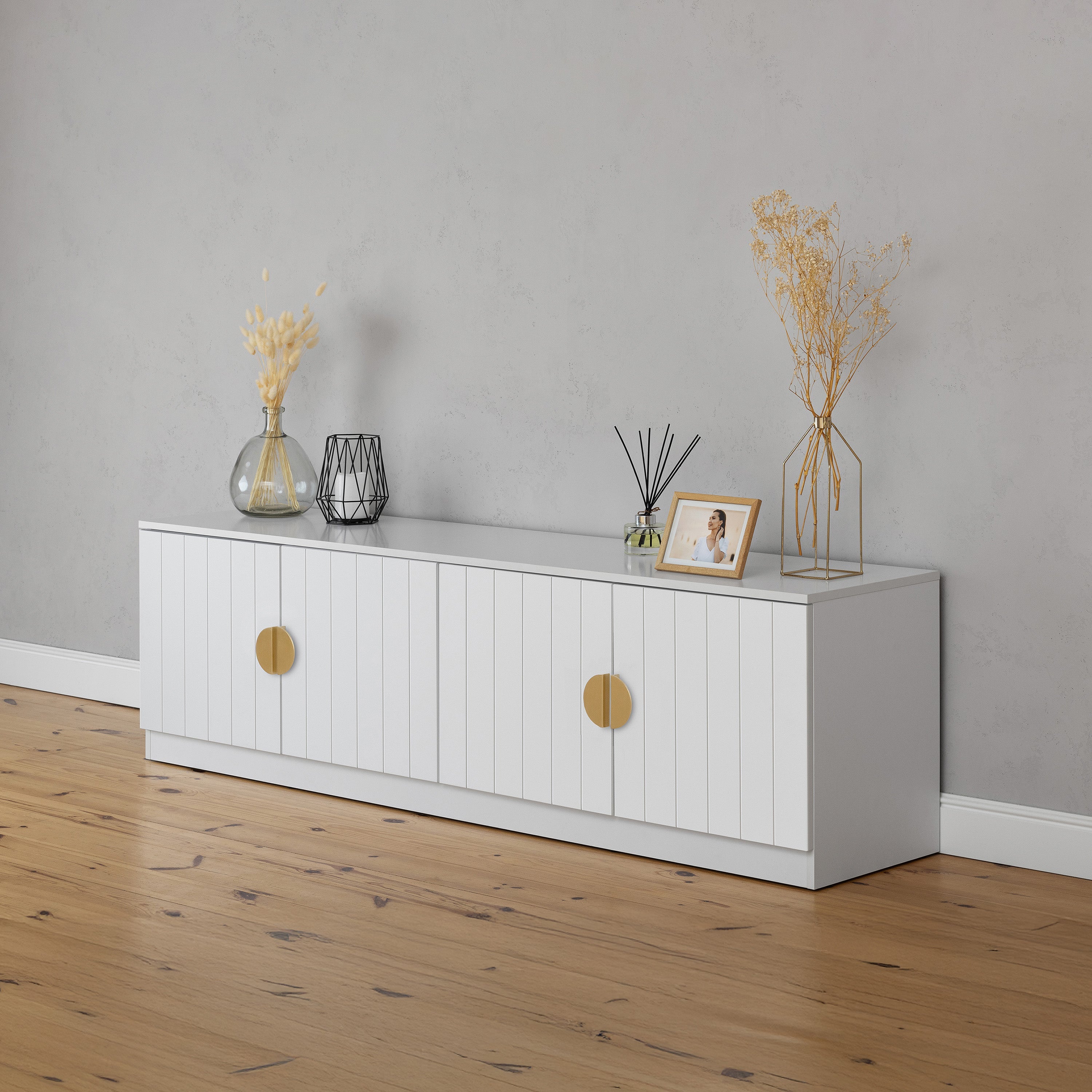 BUCHAREST TV UNIT- WHITE - VJ PANEL - HALF MOON BRASS