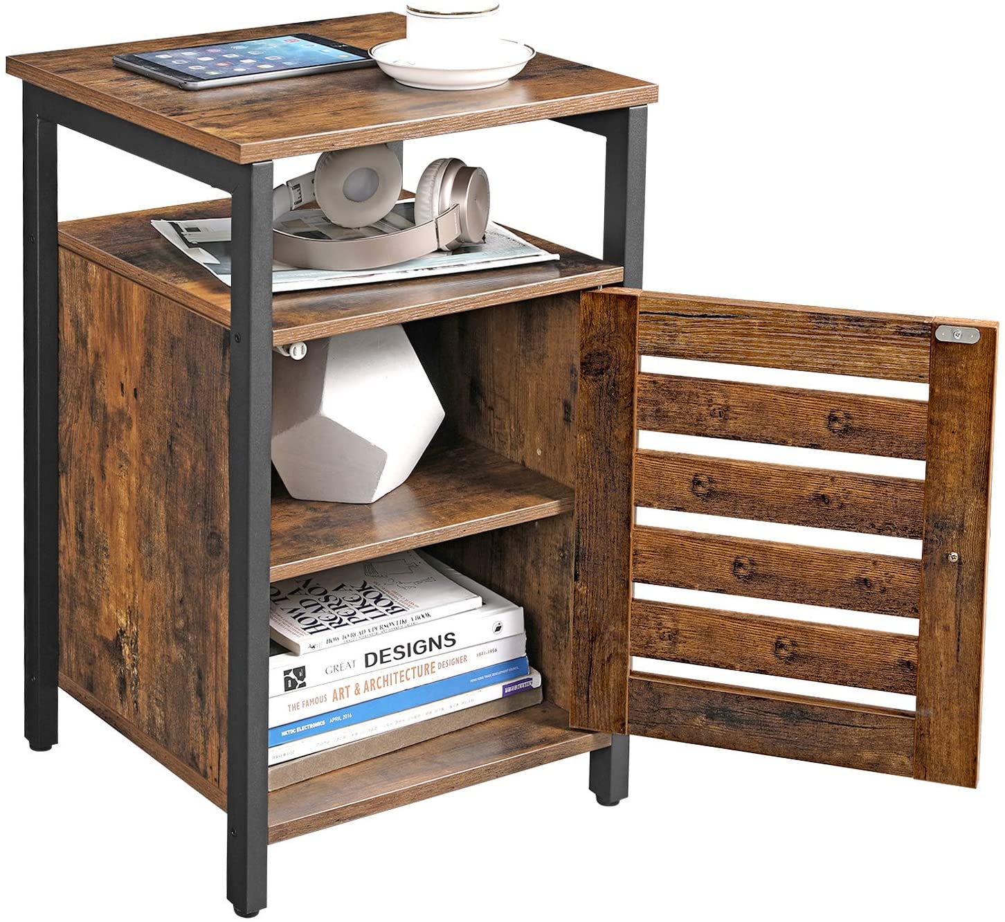 Bedside Table with 2 Adjustable Shelves Steel Frame 40 x 40 x 60 cm Rustic Brown and Black