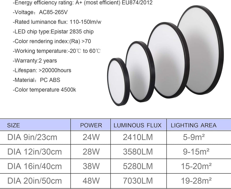 Flush Mount LED Ceiling Light, Natural, Black 48W