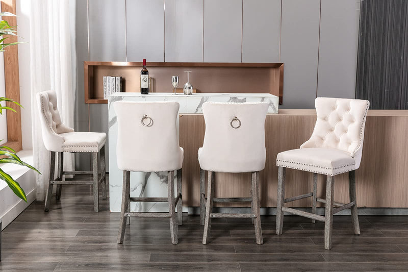 4X Velvet Bar Stools with Studs Trim Wooden Legs Tufted Dining Chairs Kitchen