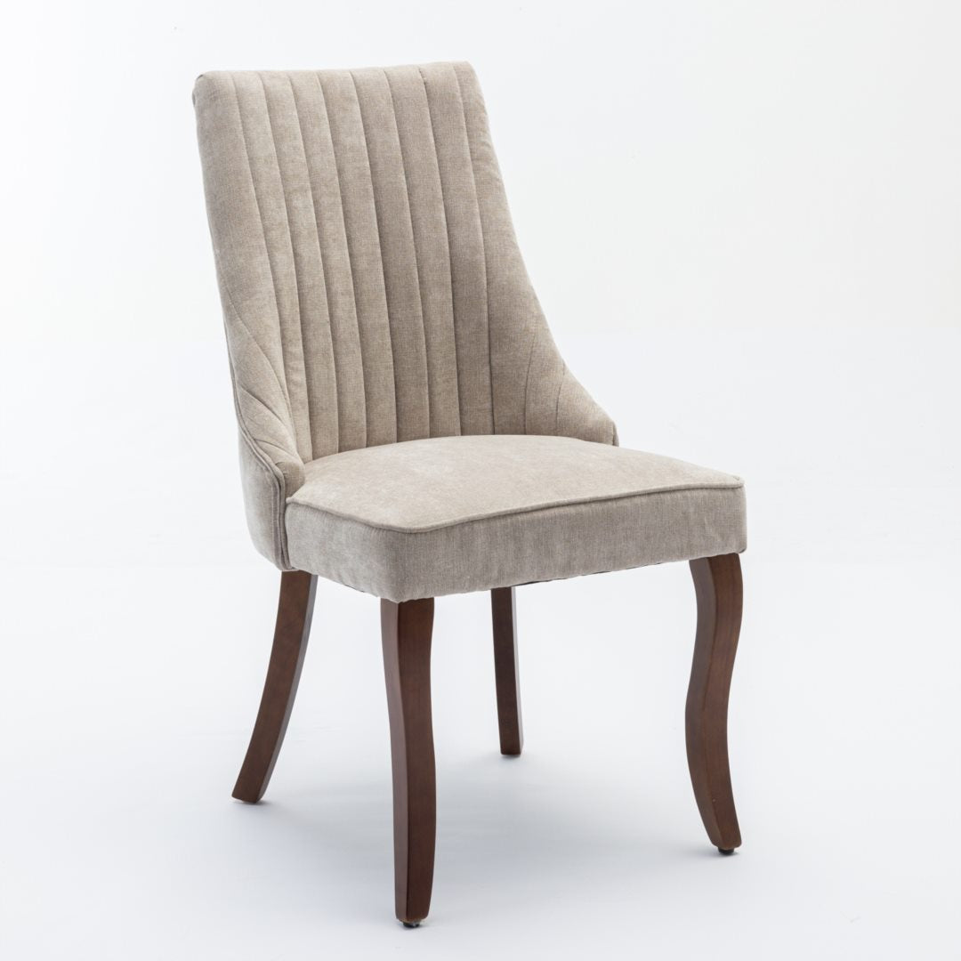 2x Fabric Channel Tufted Dining Chairs with Curved Wood Legs -Beige