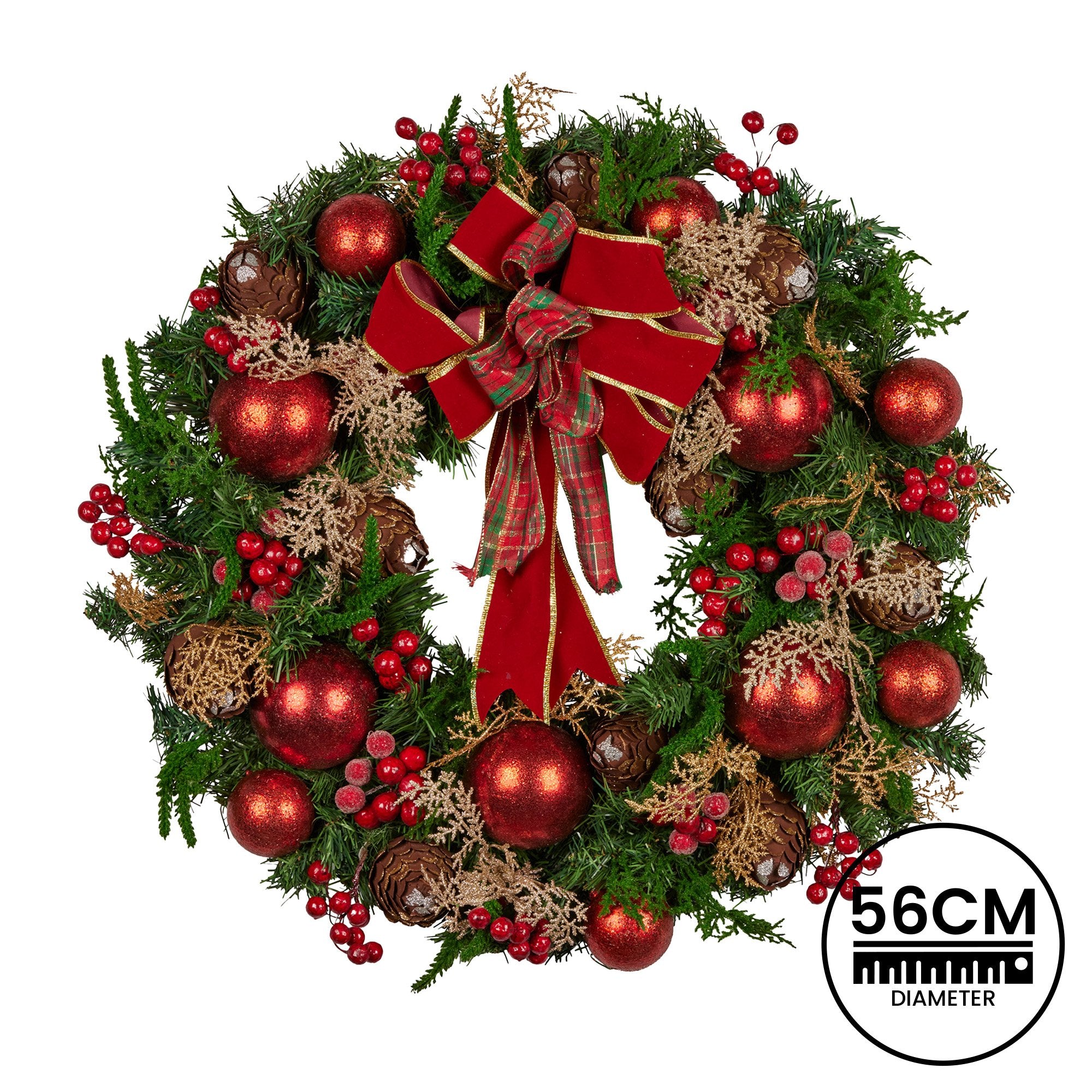 Christabelle 56cm Christmas Wreath Lush Green Holiday Door Wreath with Red Berries, Baubles & Pine Cones Pre-Decorated Festive Wall or Front Door Decoration