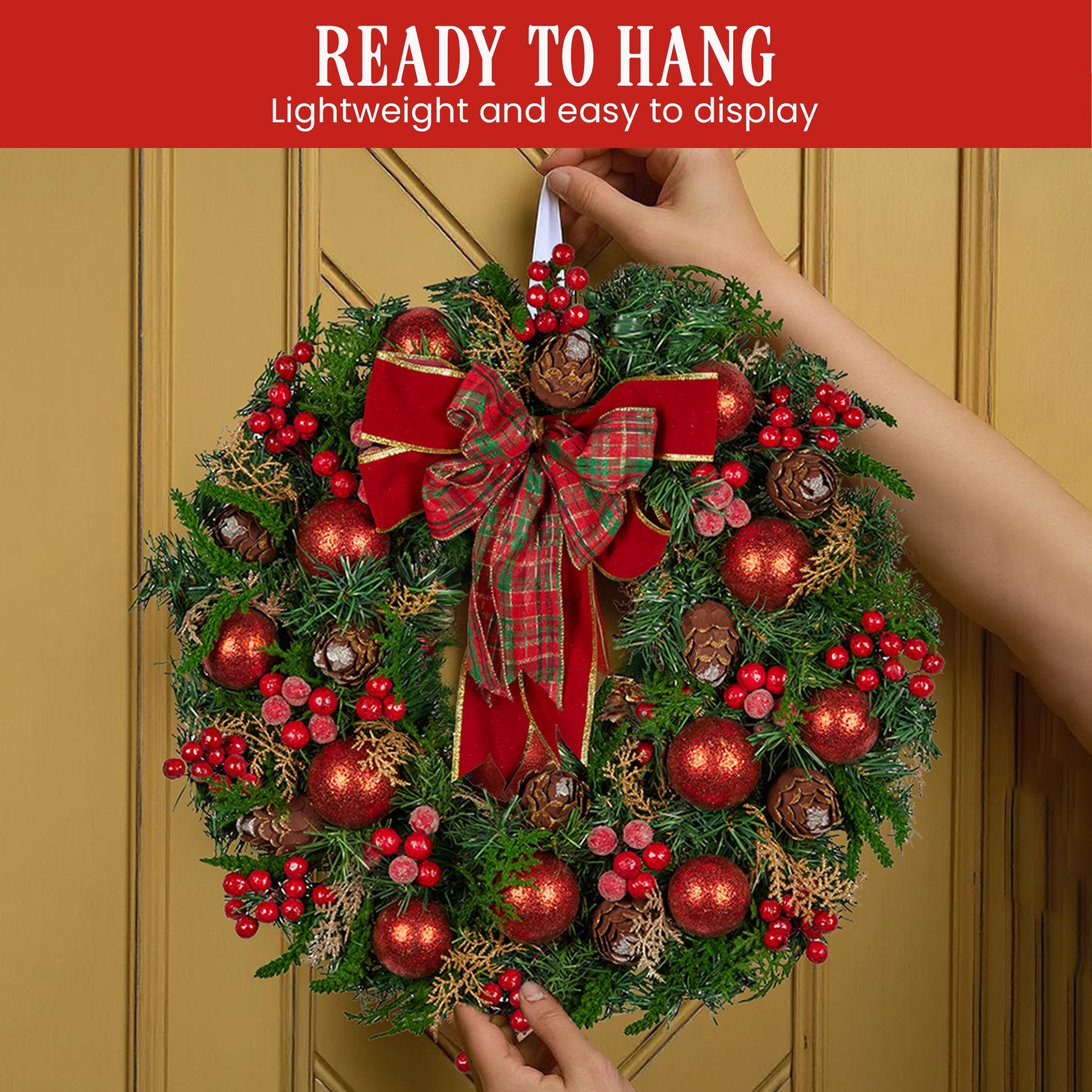 Christabelle Stunning 71cm Christmas Wreath Lush Red Baubles Berries Pine Cones and Bow Front Door Decoration