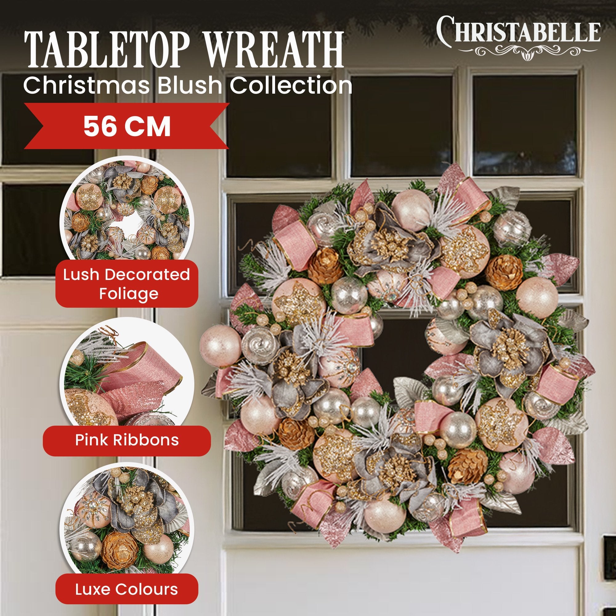 Christabelle 56cm Christmas Wreath Lush Pink Front Door Decoration Jewelled Baubles Flowers Pine Cones Ribbons Ornaments