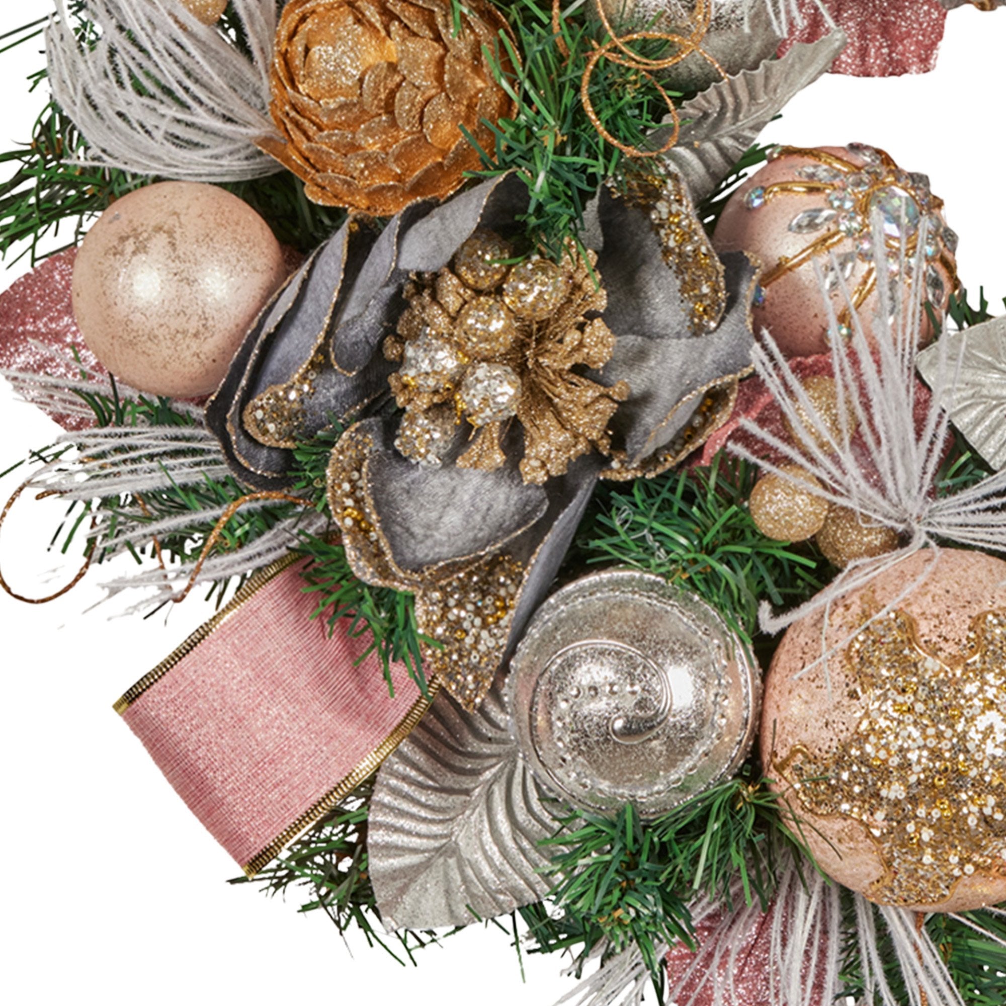 Christabelle 56cm Christmas Wreath Lush Pink Front Door Decoration Jewelled Baubles Flowers Pine Cones Ribbons Ornaments