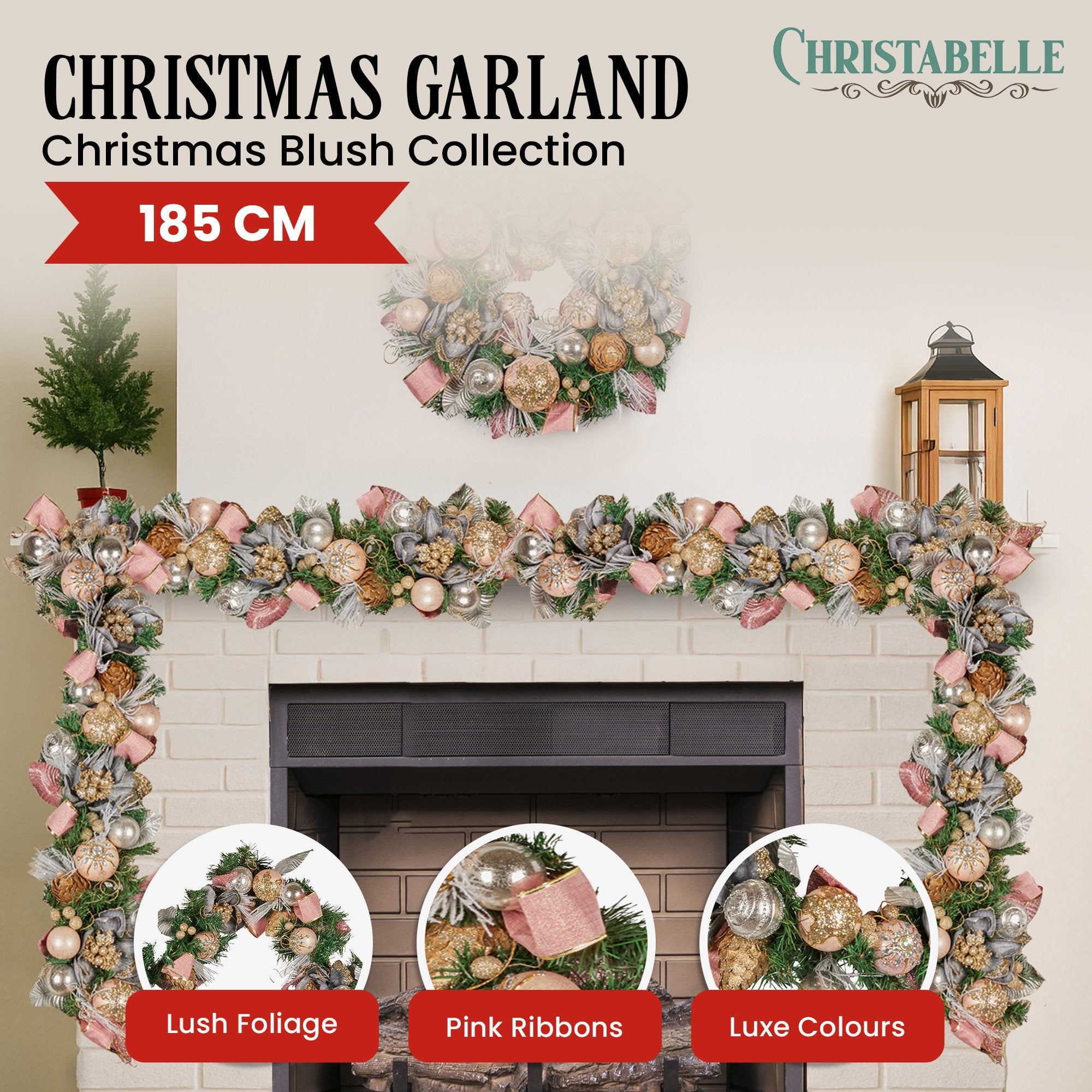 Christabelle Premium 1.8m Christmas Garland Jewelled Baubles & Berries Tree Decoration Ornament Pink Silver Gold