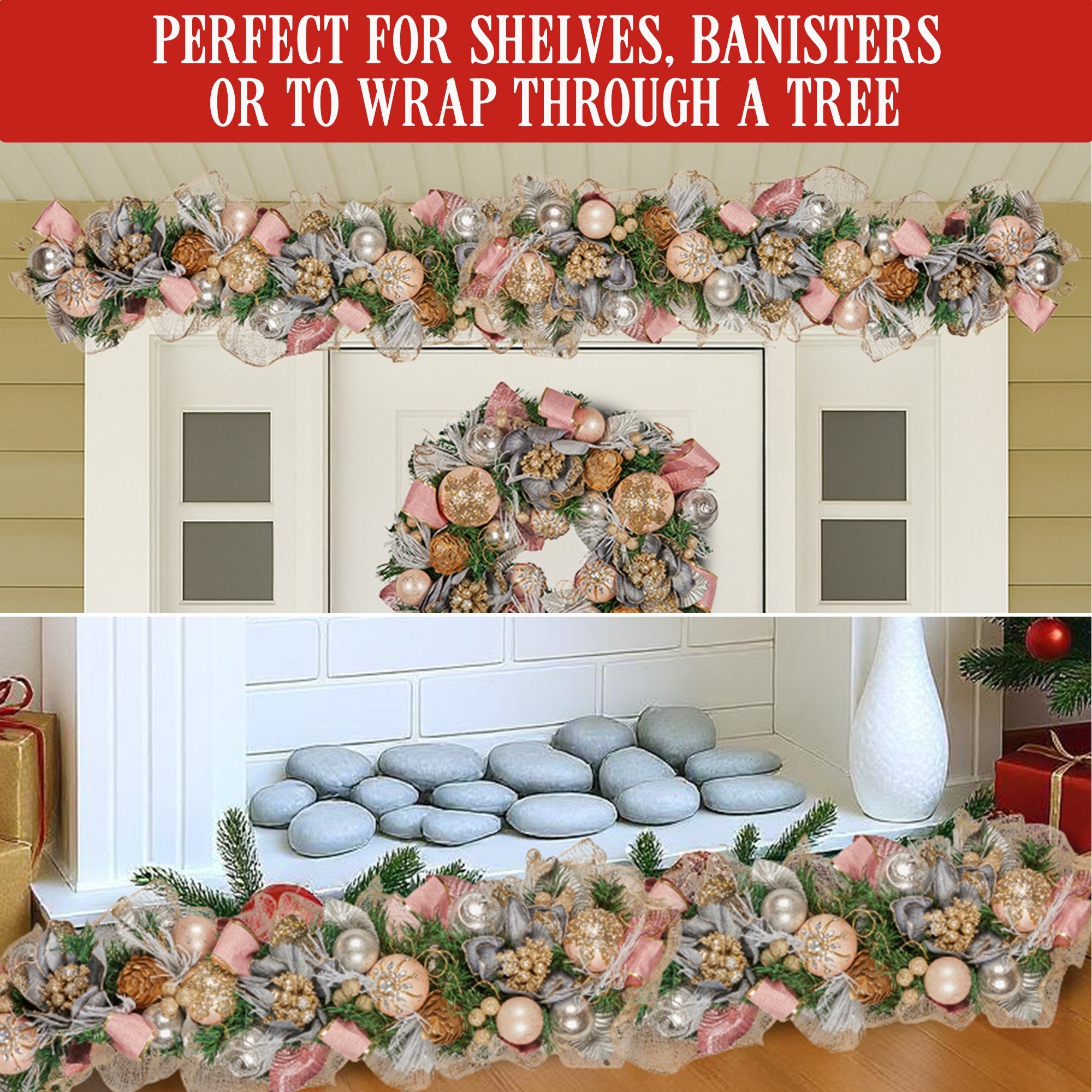 Christabelle Premium 100cm Christmas Garland Jewelled Baubles & Berries Tree Decoration Ornament Pink Silver Gold