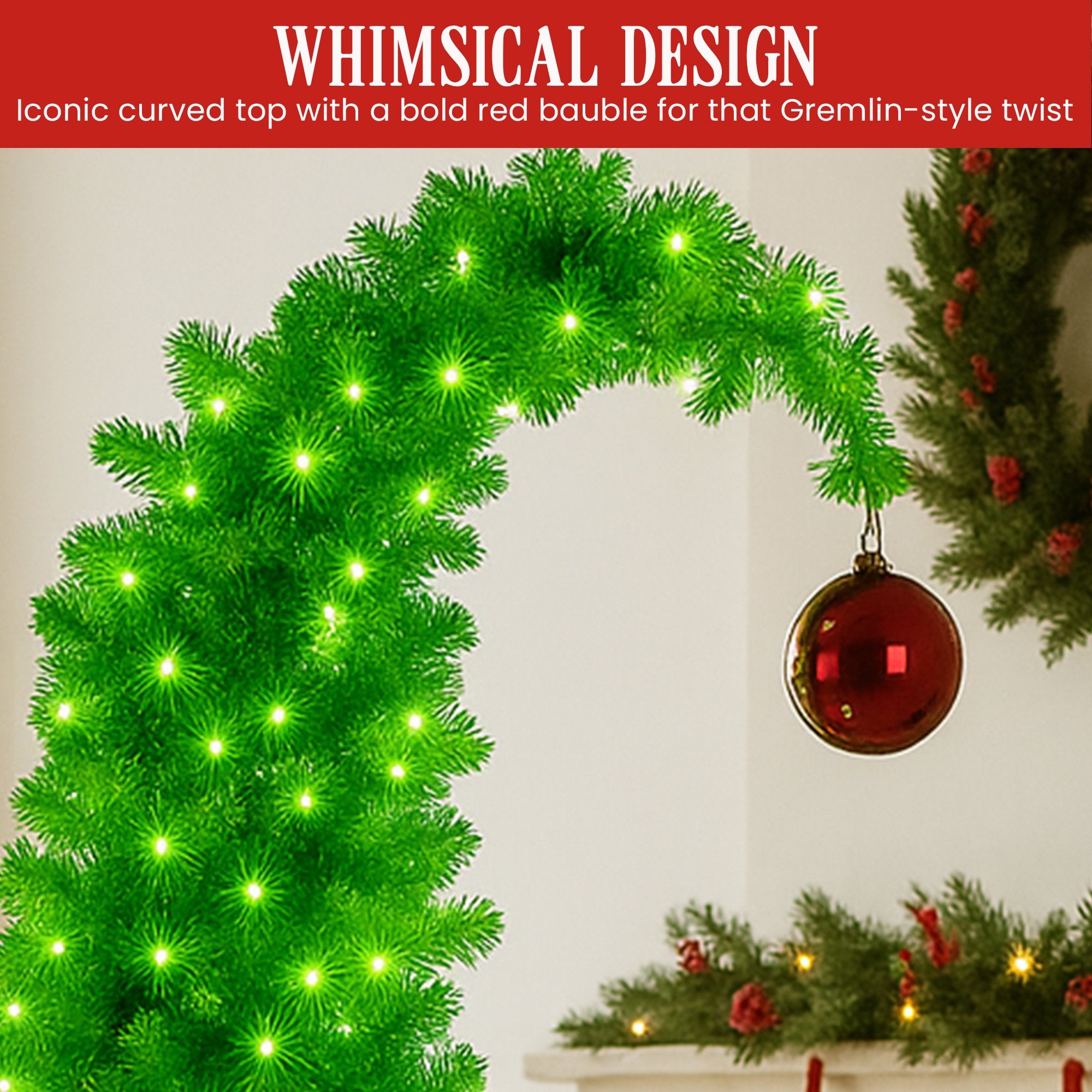 Christabelle 4ft Christmas Gremlin Tree Curved Top Red Bauble Built In Green & White LED Lights Foot Pedal Control