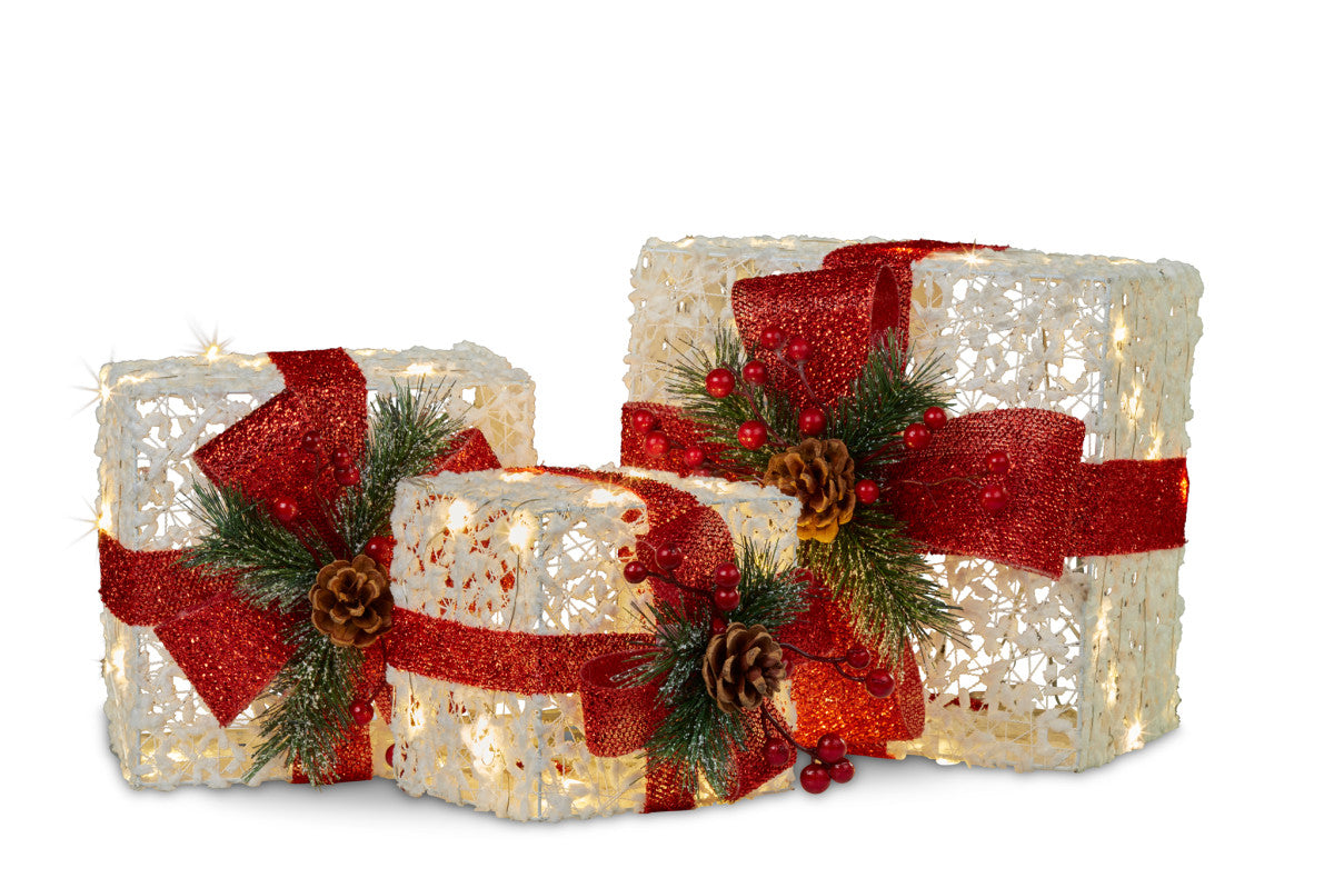 Christabelle 3 Piece Christmas Present Display Set With Lights & Red Bows