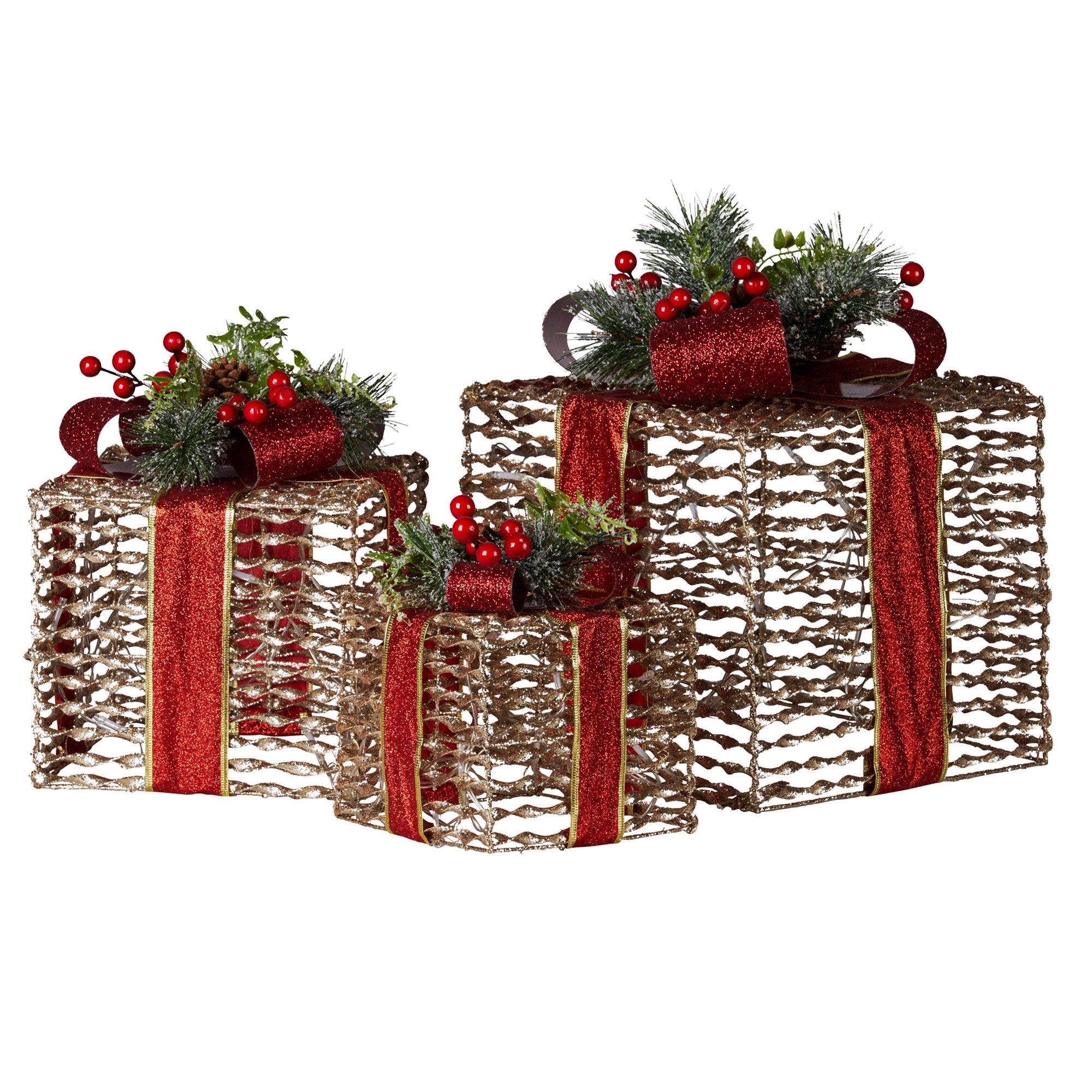 Christabelle Set Of 3 Christmas Gift Boxes With Lights - Champagne With Red Bows