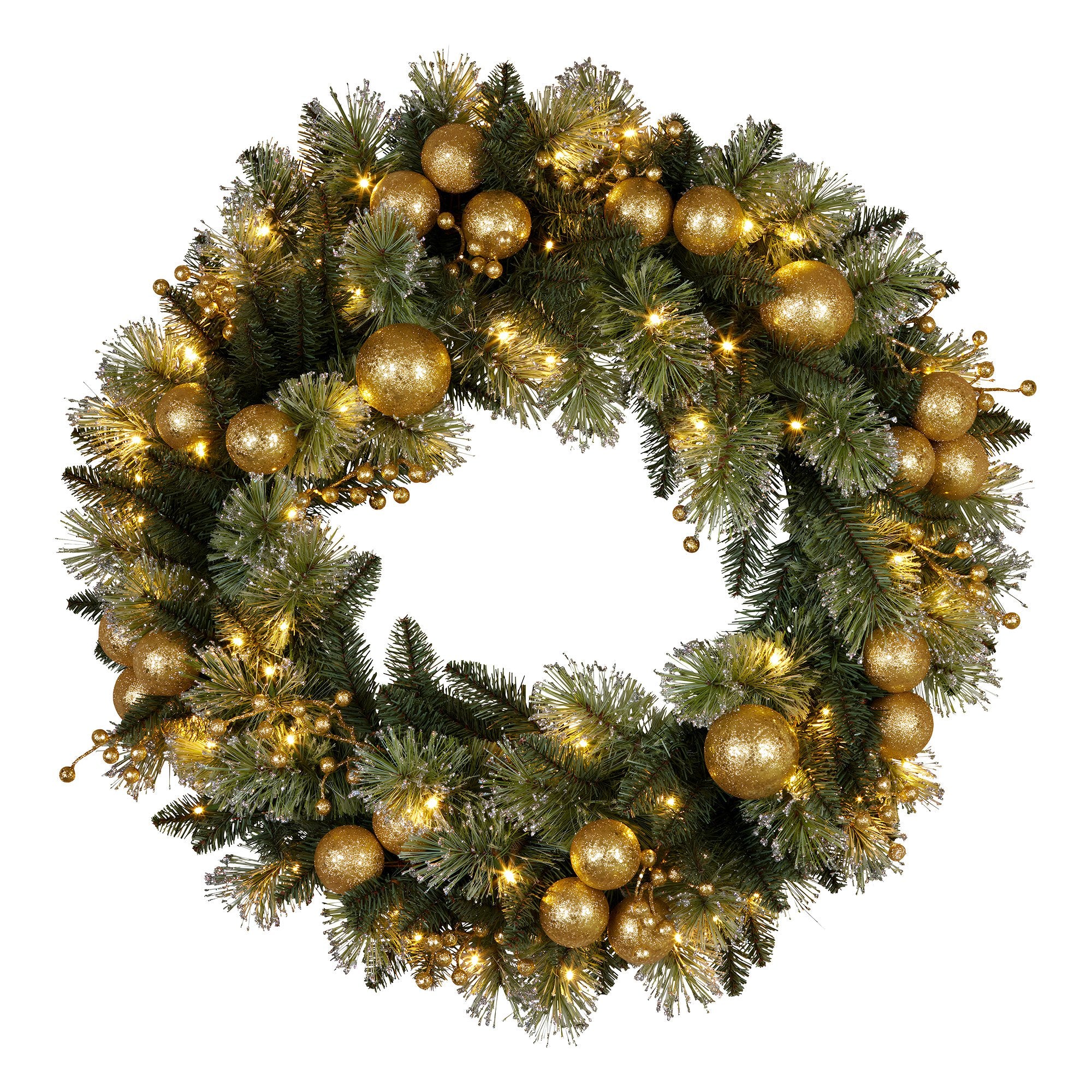 Christabelle 61cm Christmas Wreath Glittery Tipped with LED Lights and Golden Baubles Front Door Decoration Ornament