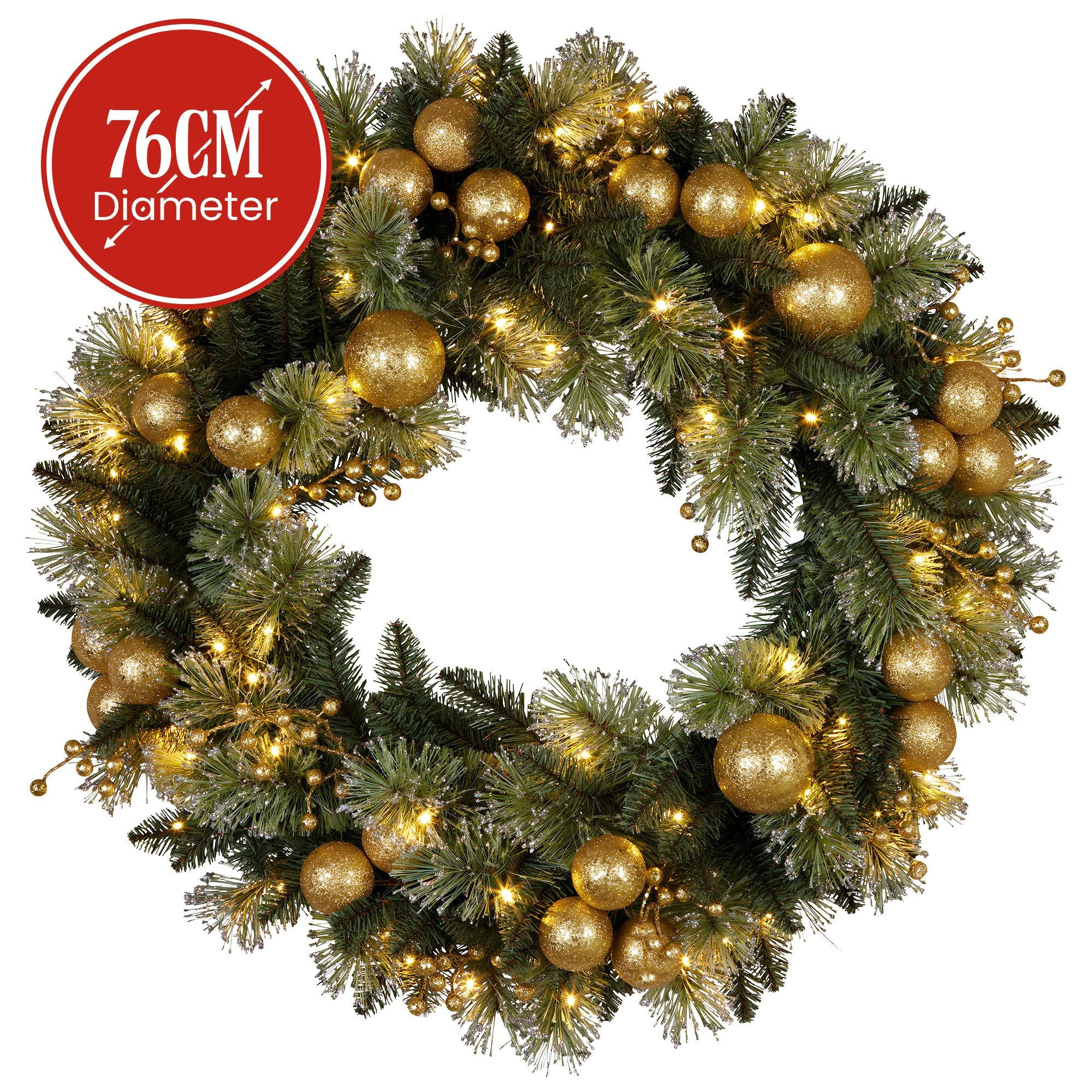 Christabelle 76cm Christmas Wreath Glittery Tipped with LED Lights and Golden Baubles Front Door Decoration Ornament