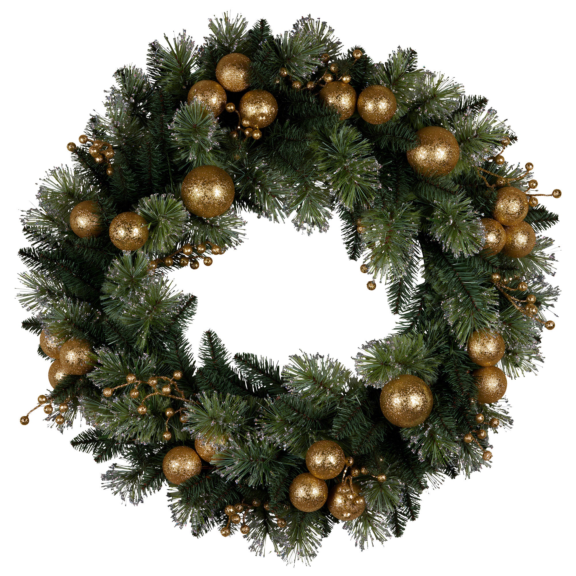 Christabelle 76cm Christmas Wreath Glittery Tipped with LED Lights and Golden Baubles Front Door Decoration Ornament