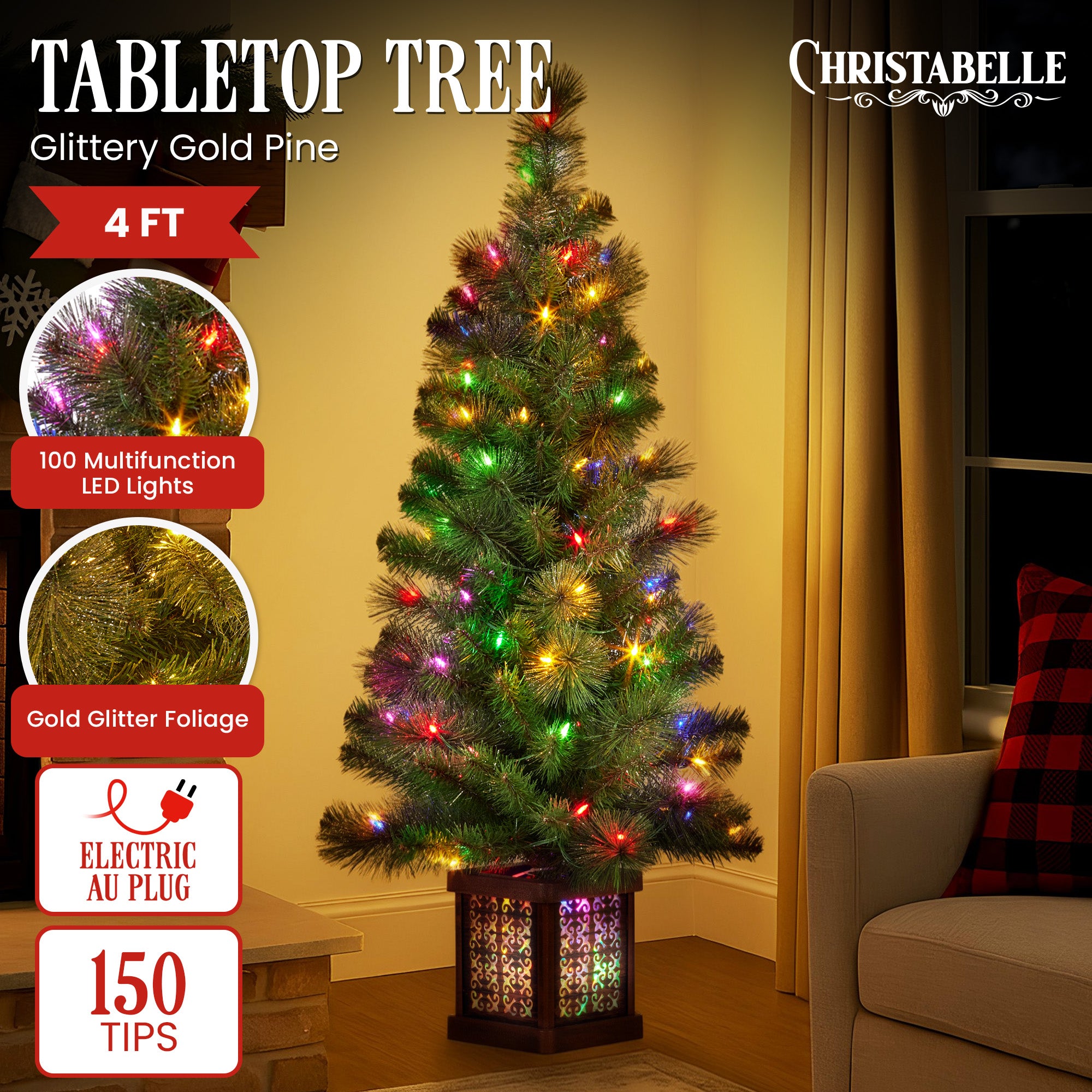 Christabelle 4ft Christmas Tree Glittery Gold Pine Led Multi Lights Xmas Decor