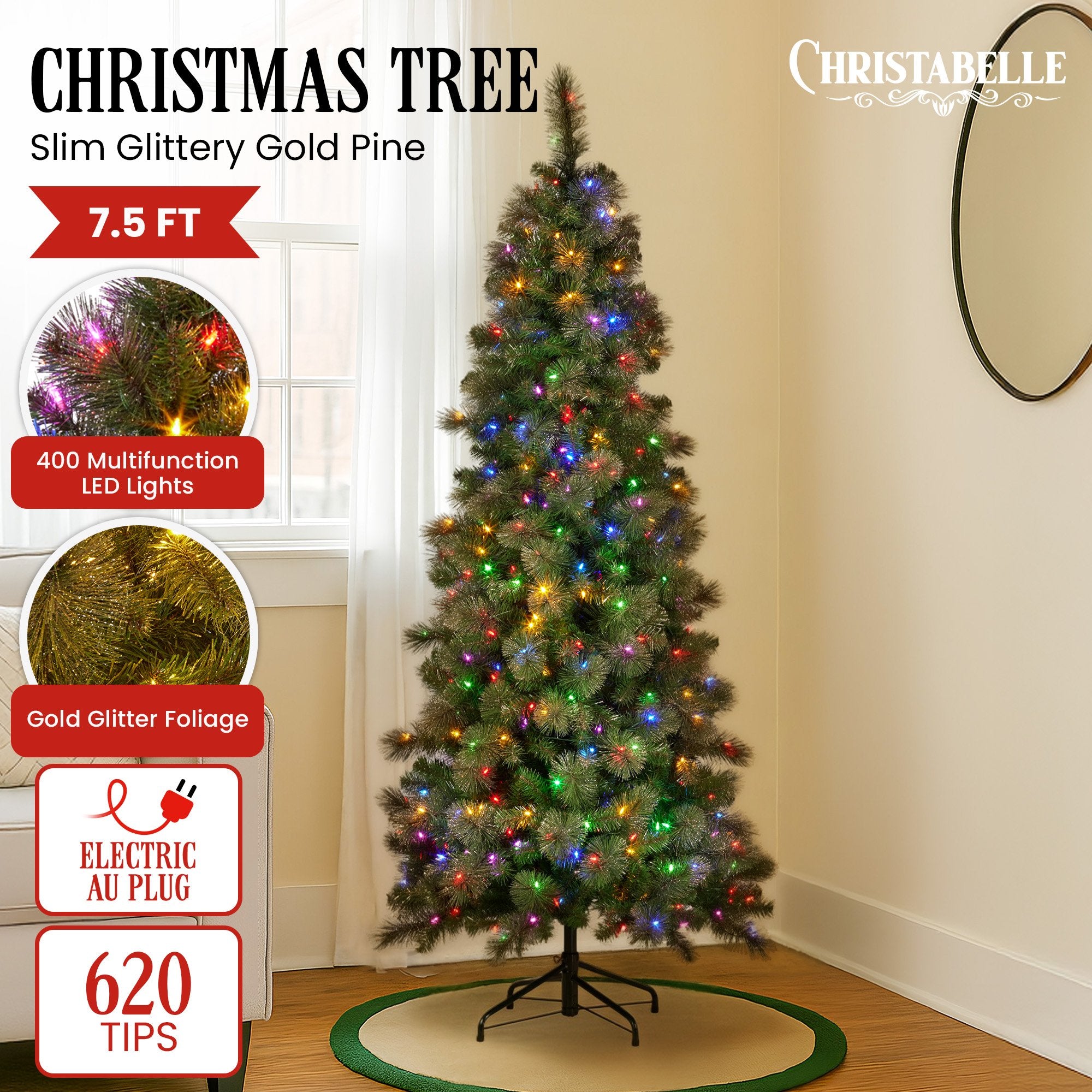 Christabelle 7.5ft Christmas Tree Slim Glittery Gold Pine Led Lights Xmas Decor