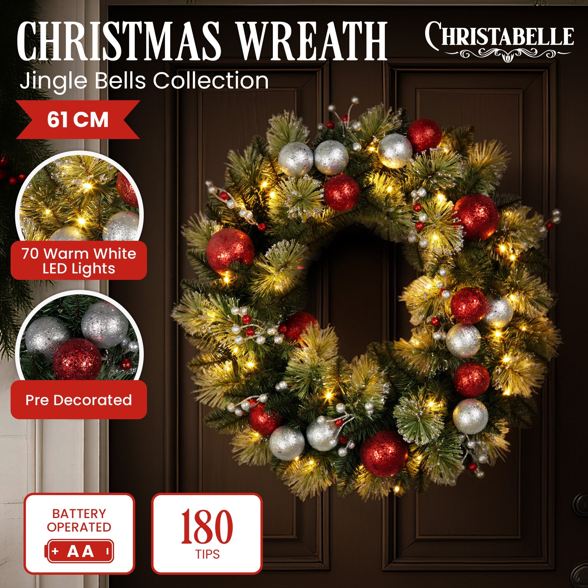Christabelle Stunning 61cm Christmas Wreath with LED Lights Baubles Berries Red Silver Front Door Decoration