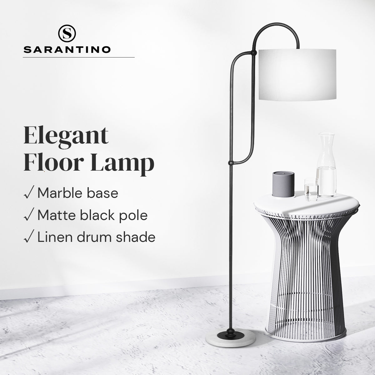 Sarantino Metal Floor Lamp with Marble Base & Ghost-White Shade
