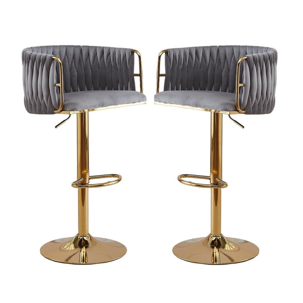 2x Height Adjustable Grey Swivel Bar Stool Velvet Golden Round Base Barstools Chairs