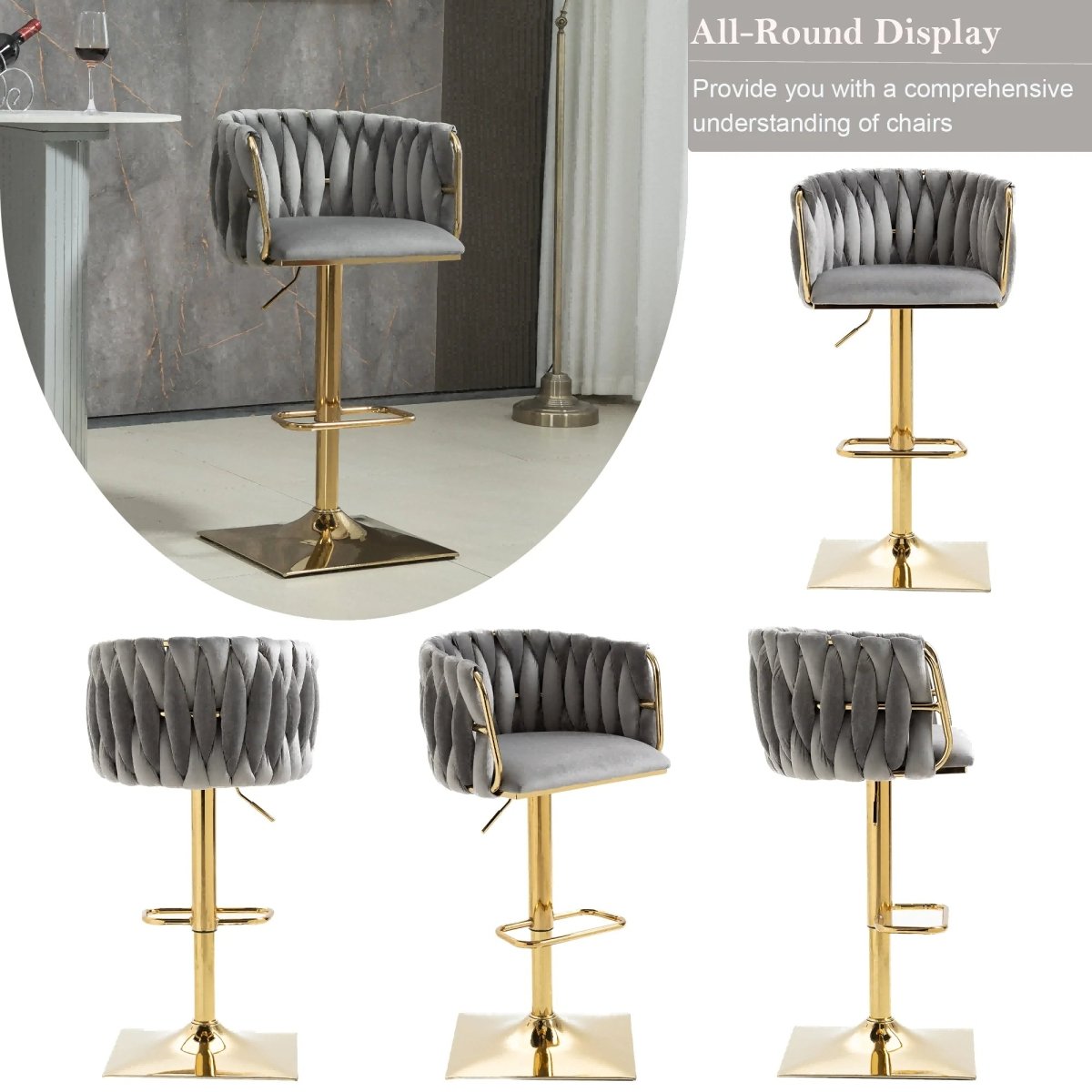 SERENITà Modern Velvet Breakfast Bar Stools Swivel Barstools Adjustable Counter Stools with Backrest Set of 2 Grey